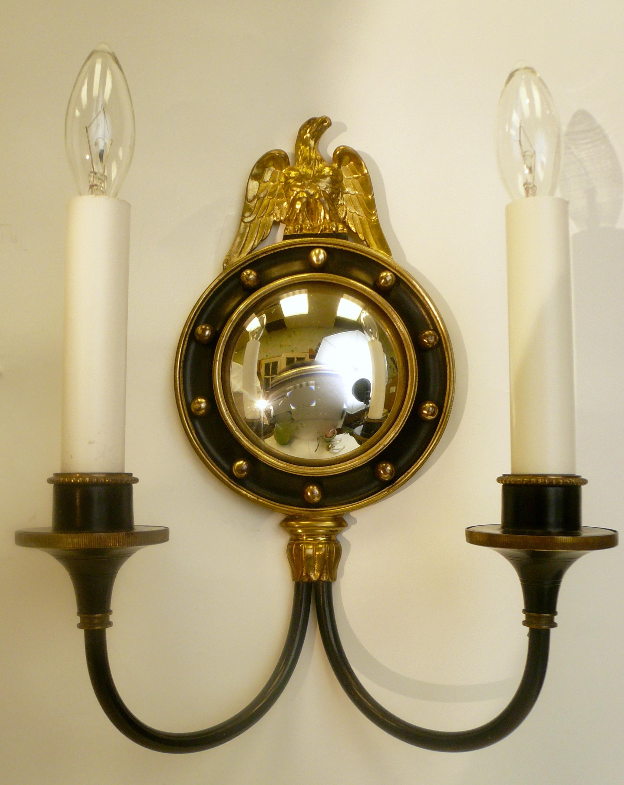 20th Century Four American Federal Style Convex Mirror and Eagle Two Light-Sconces