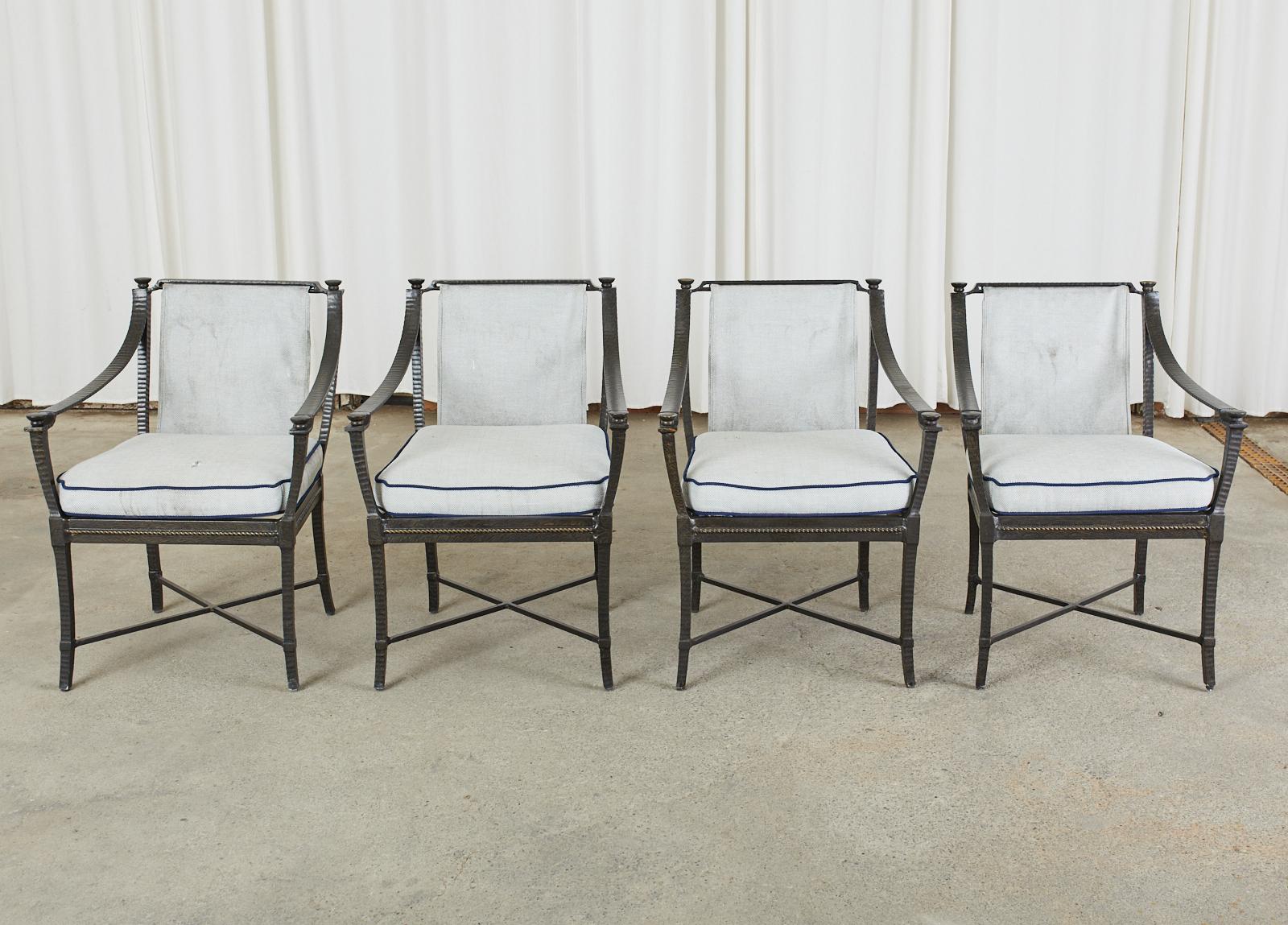 Rare set of four Andalucia royal lounge chairs designed by Richard Frinier for Century furniture. The armchairs feature a gondola style design that became famous with the optional canopy cover. Constructed from a sand cast aluminum frame with a