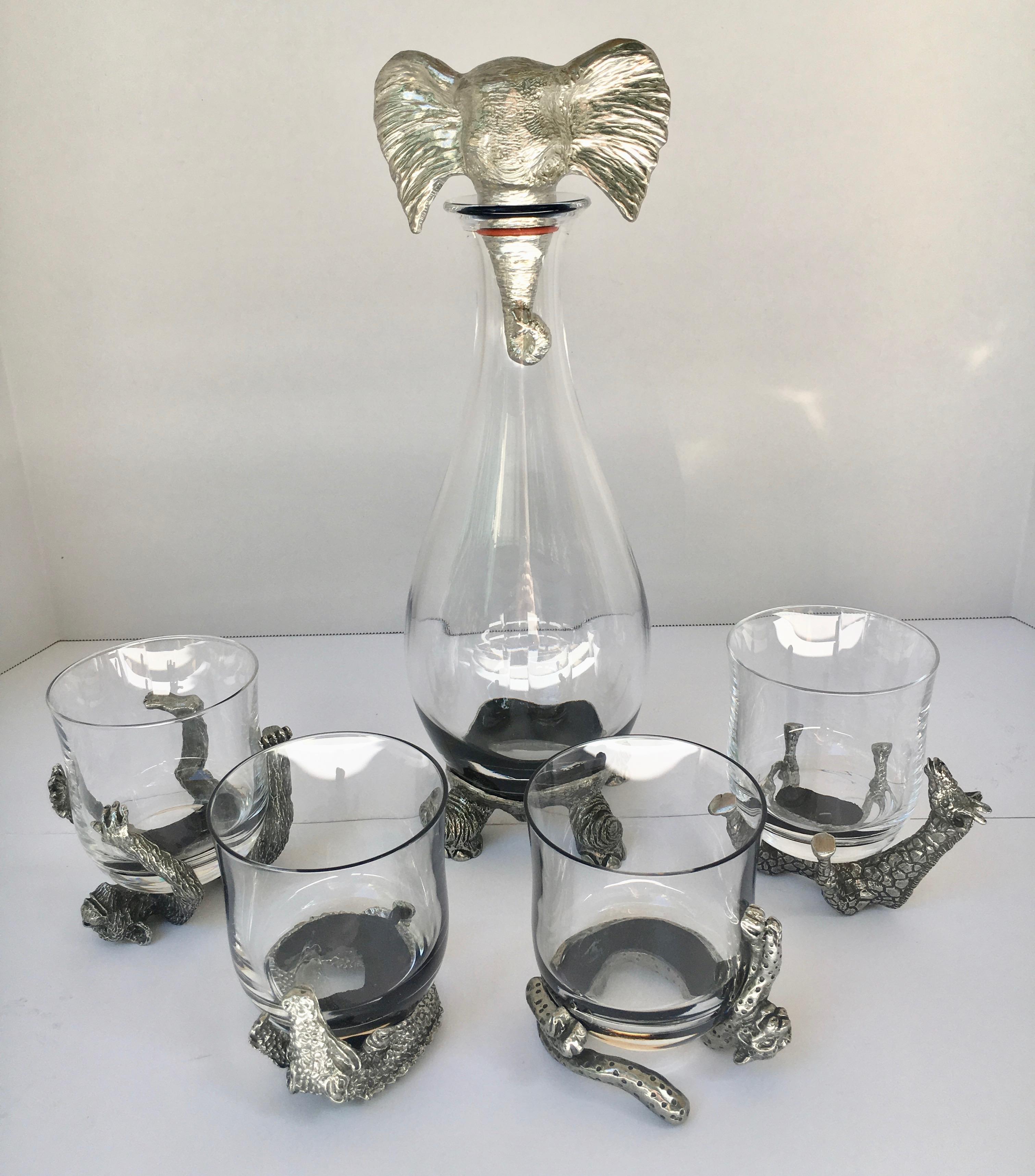 Four Animal Cocktail Glasses and Elephant Decanter 6