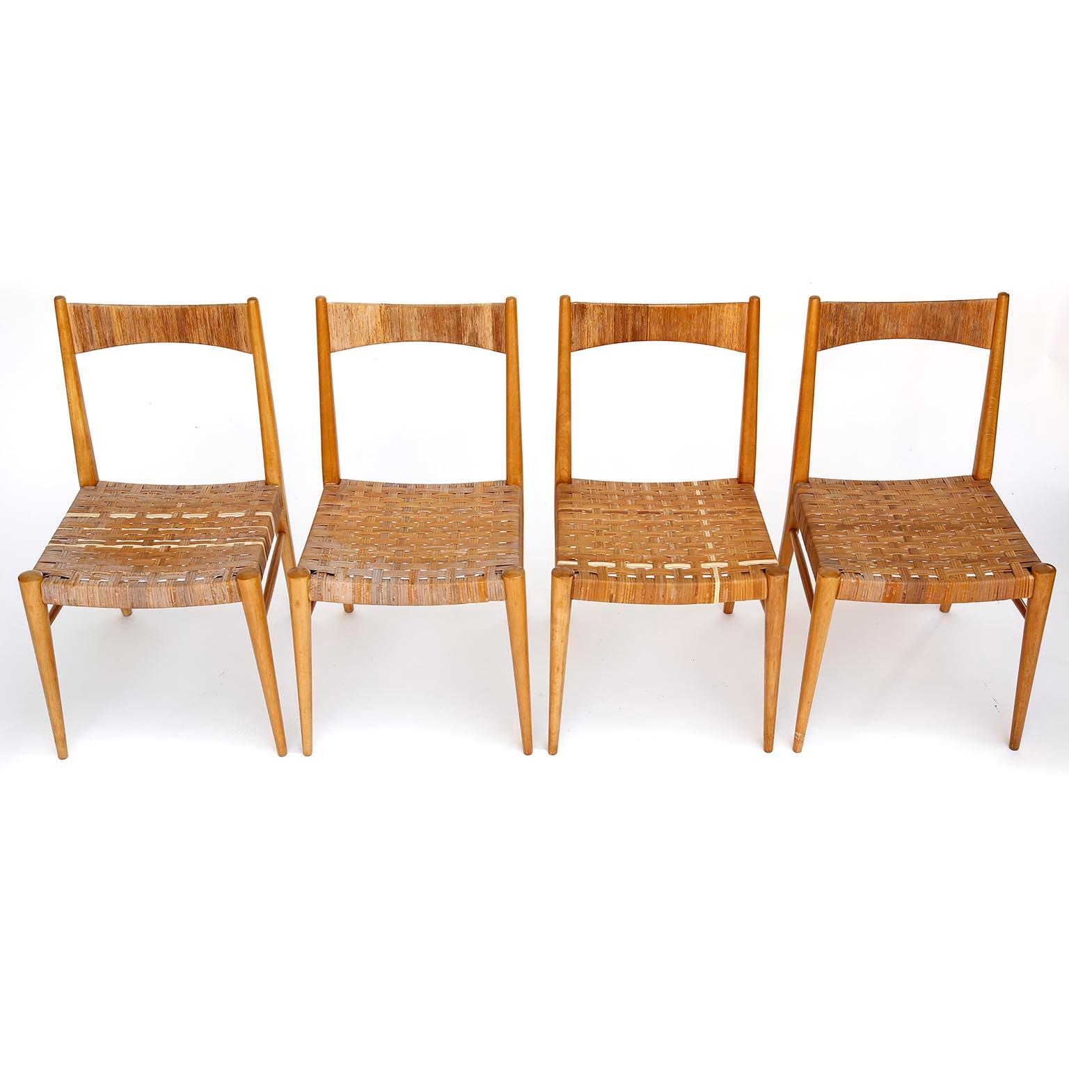 Four Anna-Lülja Praun Chairs, Wood Wicker Cane, 1950s For Sale 7