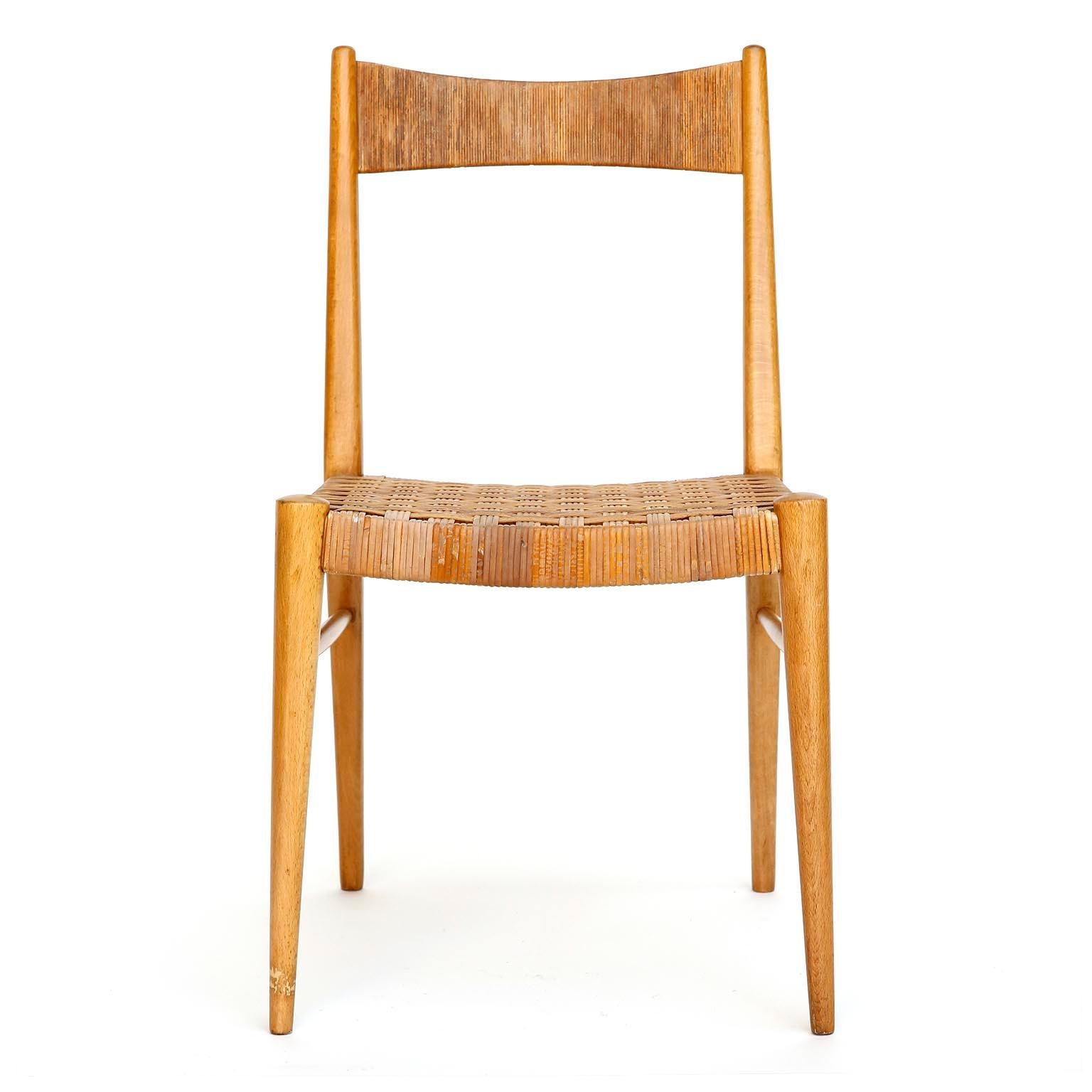 Mid-Century Modern Four Anna-Lülja Praun Chairs, Wood Wicker Cane, 1950s