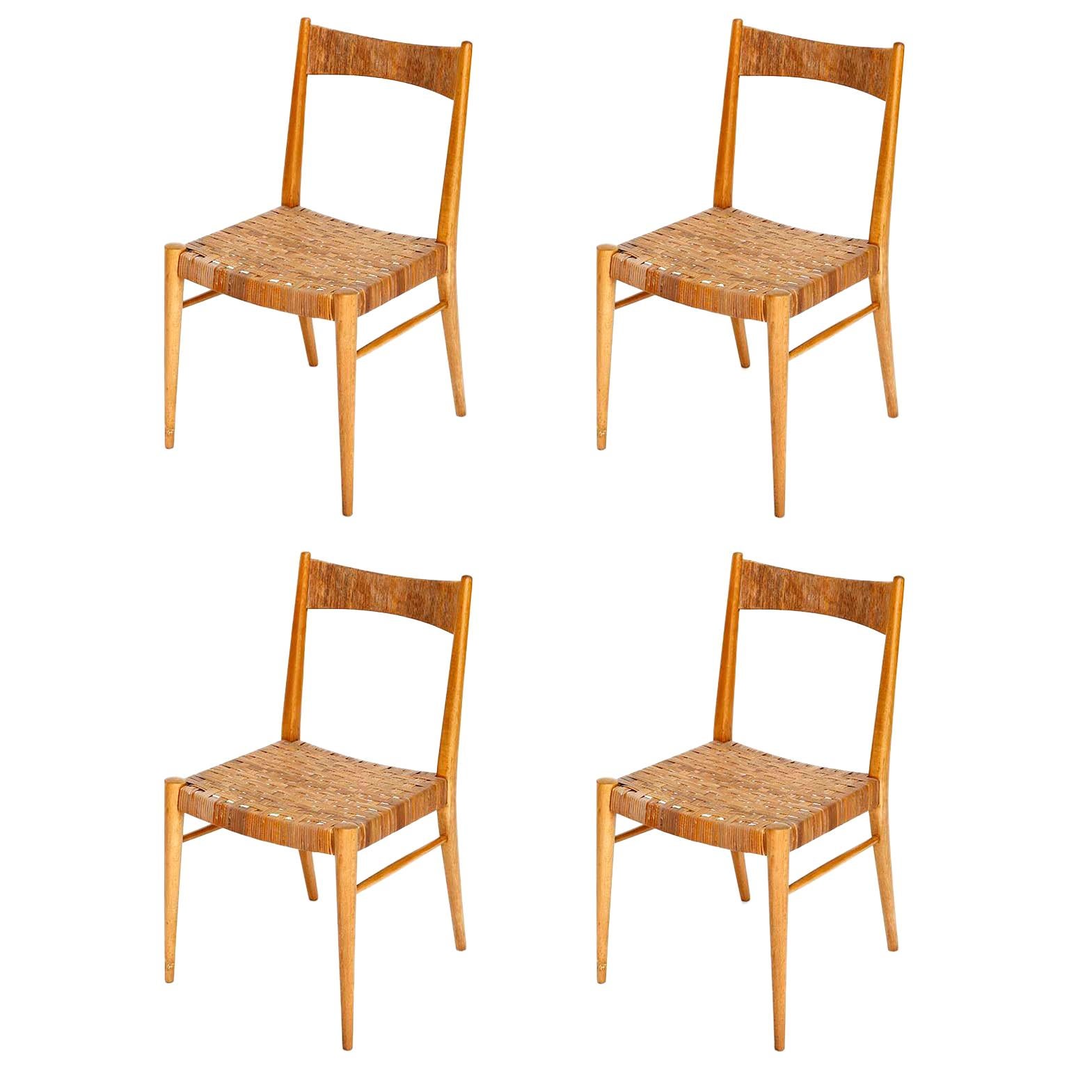 Four Anna-Lülja Praun Chairs, Wood Wicker Cane, 1950s