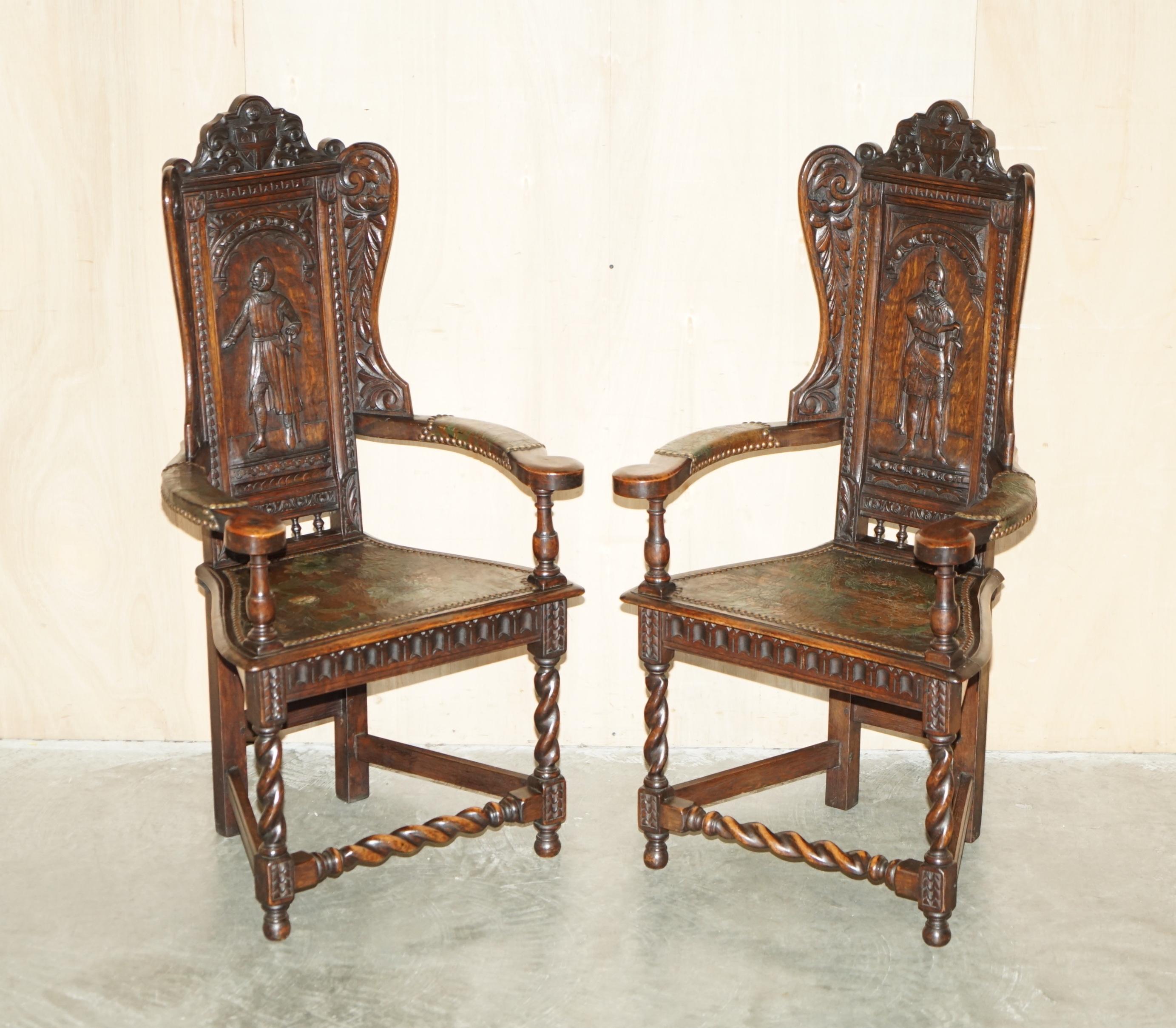 FOUR ANTIQUE 1640 CAQUETOIRE CARVED WALNUT POLYCHROME PAINTED ARMCHAIRs For Sale 7