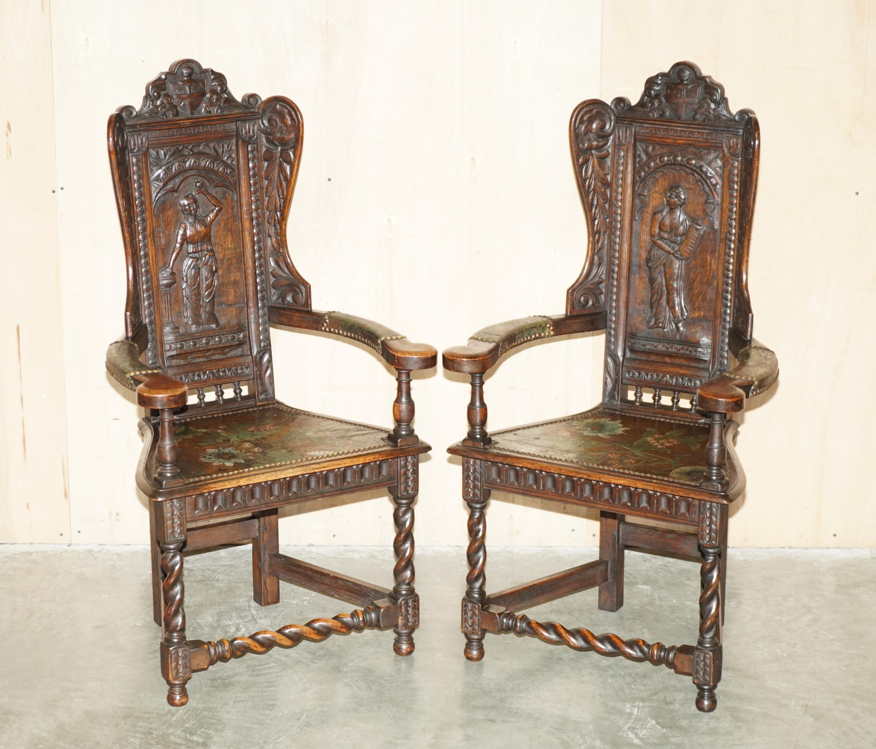 Royal House Antiques

Royal House Antiques is delighted to offer for sale this super rare suite of four totally original 17th century circa 1640-1680 French Caquetoire armchairs with ornately carved arms and period, Polychrome painted leather seat