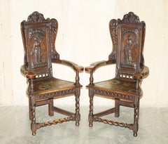 FOUR ANTIQUE 1640 CAQUETOIRE CARVED WALNUT POLYCHROME PAINTED ARMCHAIRs