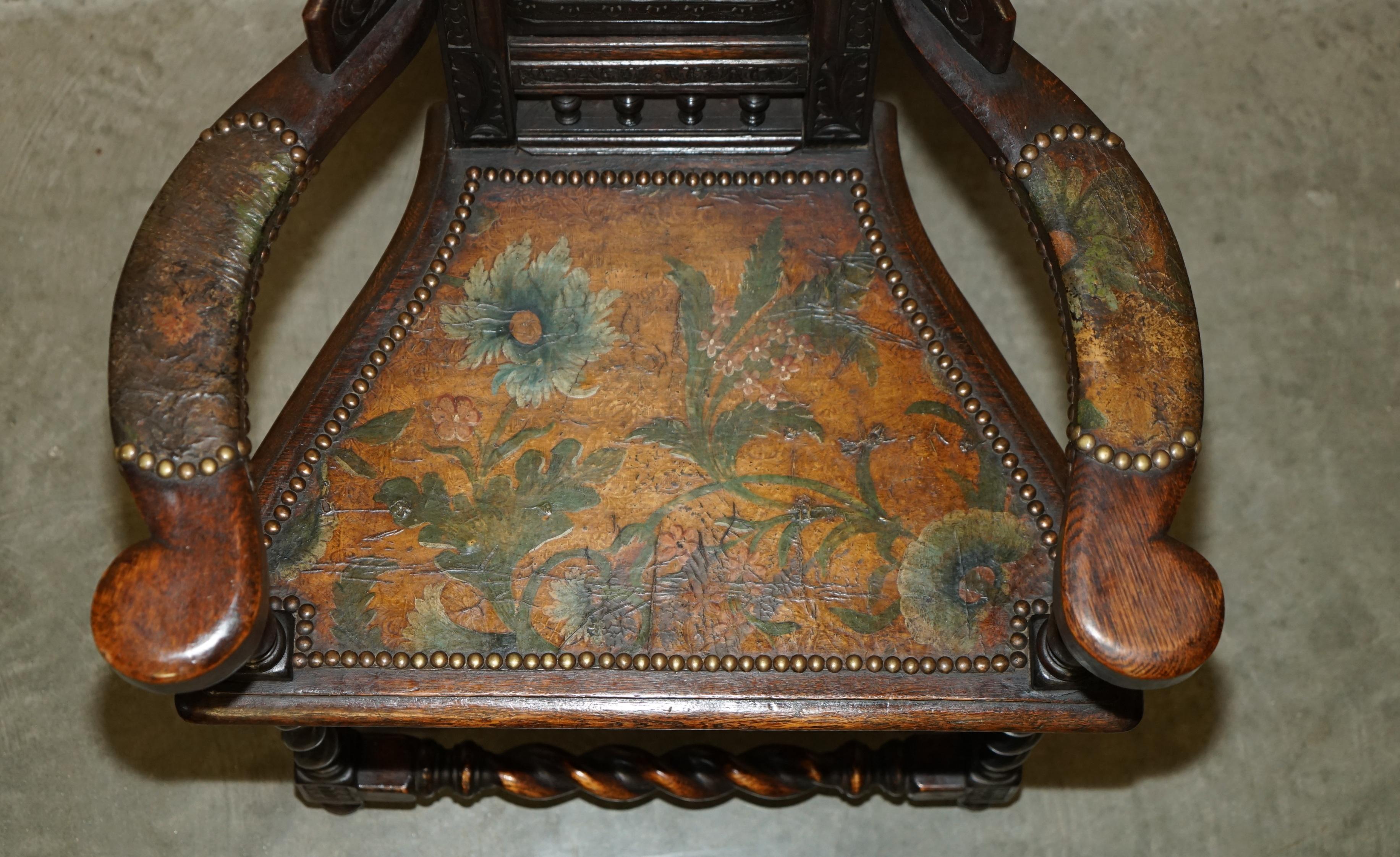 Leather FOUR ANTIQUE 1640 CAQUETOIRE CARVED WALNUT POLYCHROME PAINTED ARMCHAIRs For Sale