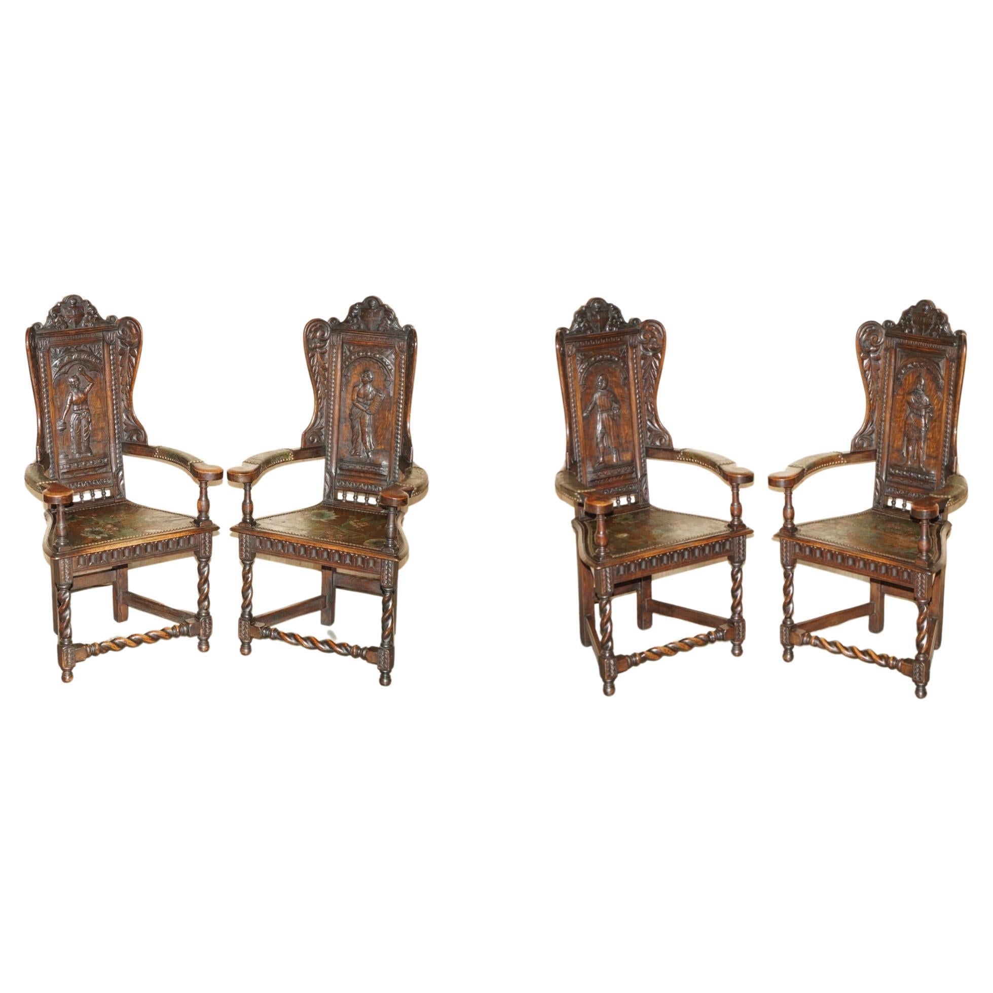 FOUR ANTIQUE 1640 CAQUETOIRE CARVED WALNUT POLYCHROME PAINTED ARMCHAIRs For Sale