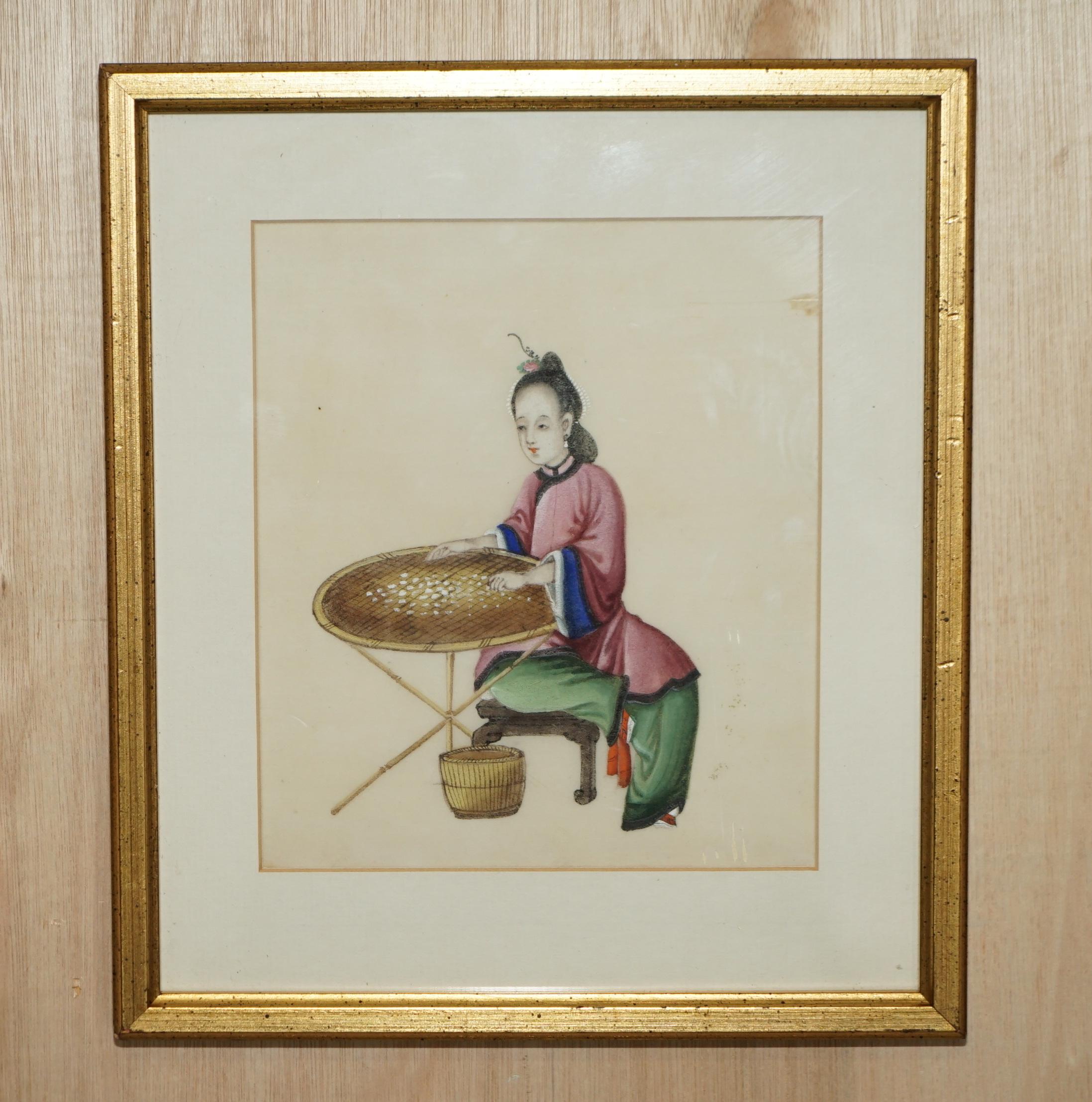 Four Antique 19th Century circa 1880 Chinese Gouaches on Rice Paper Geisha Girls For Sale 2