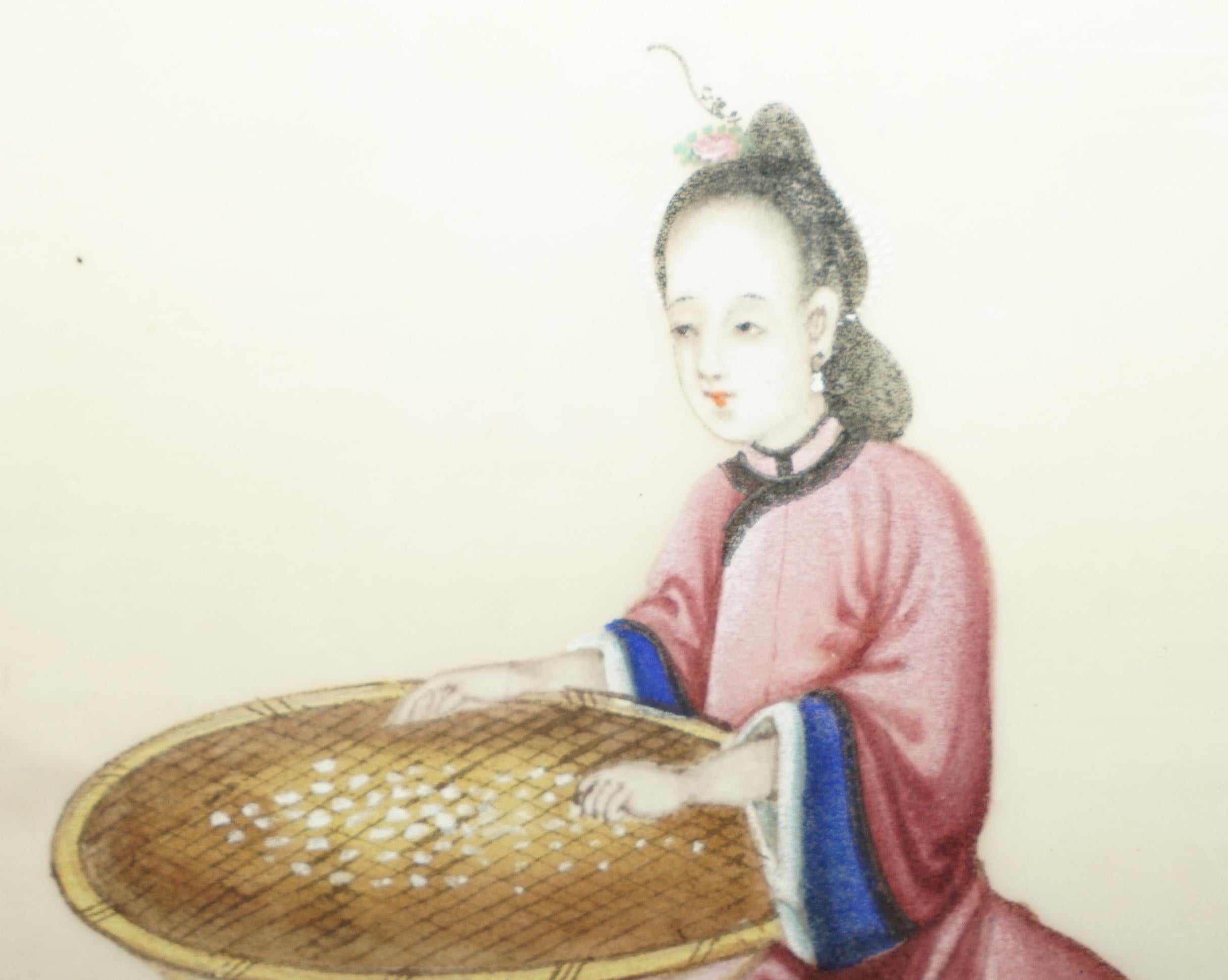 Quatre gouaches chinoises anciennes du 19e siècle circa 1880 sur papier de riz Filles de geisha en vente 4