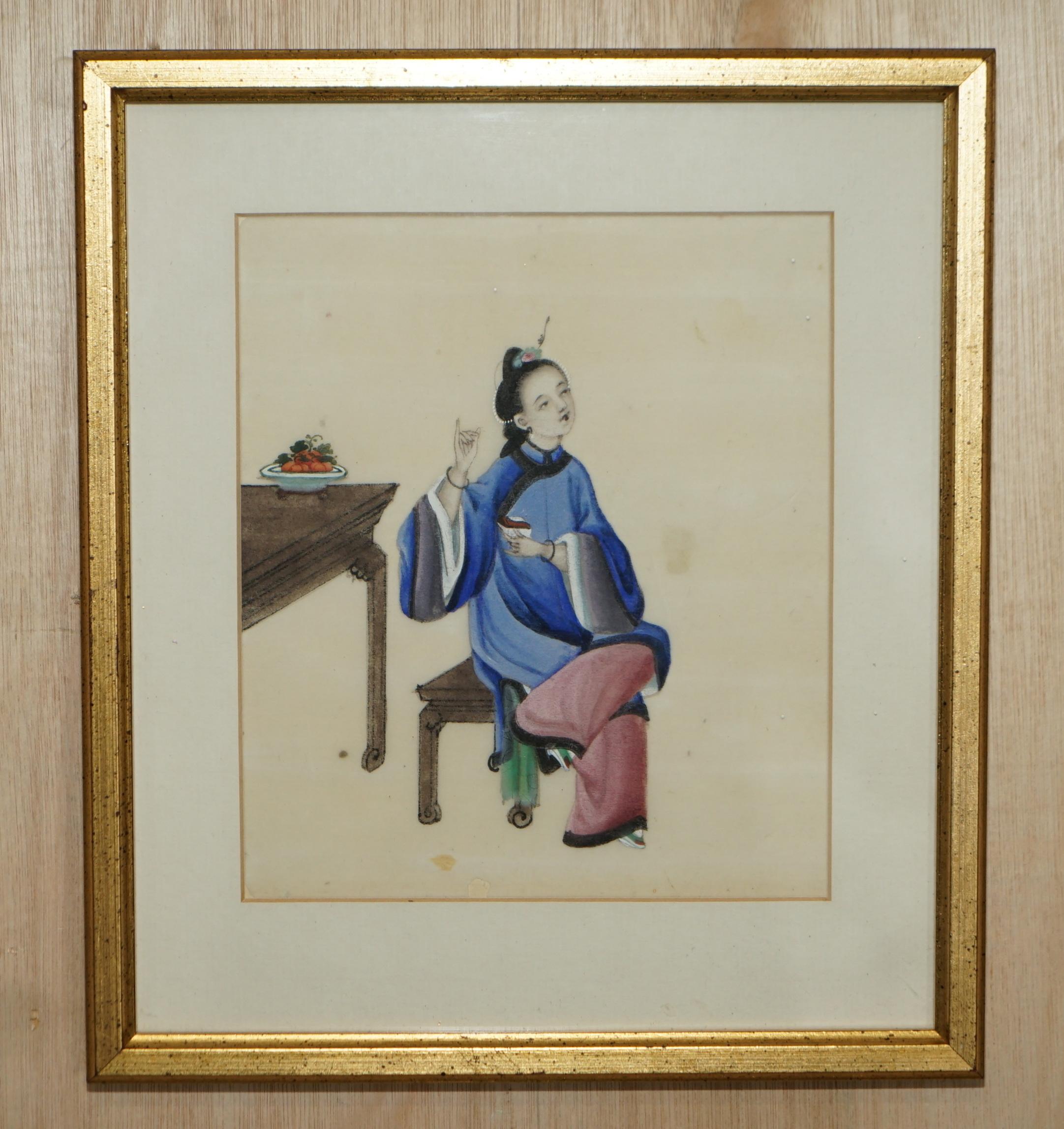 Four Antique 19th Century circa 1880 Chinese Gouaches on Rice Paper Geisha Girls For Sale 6
