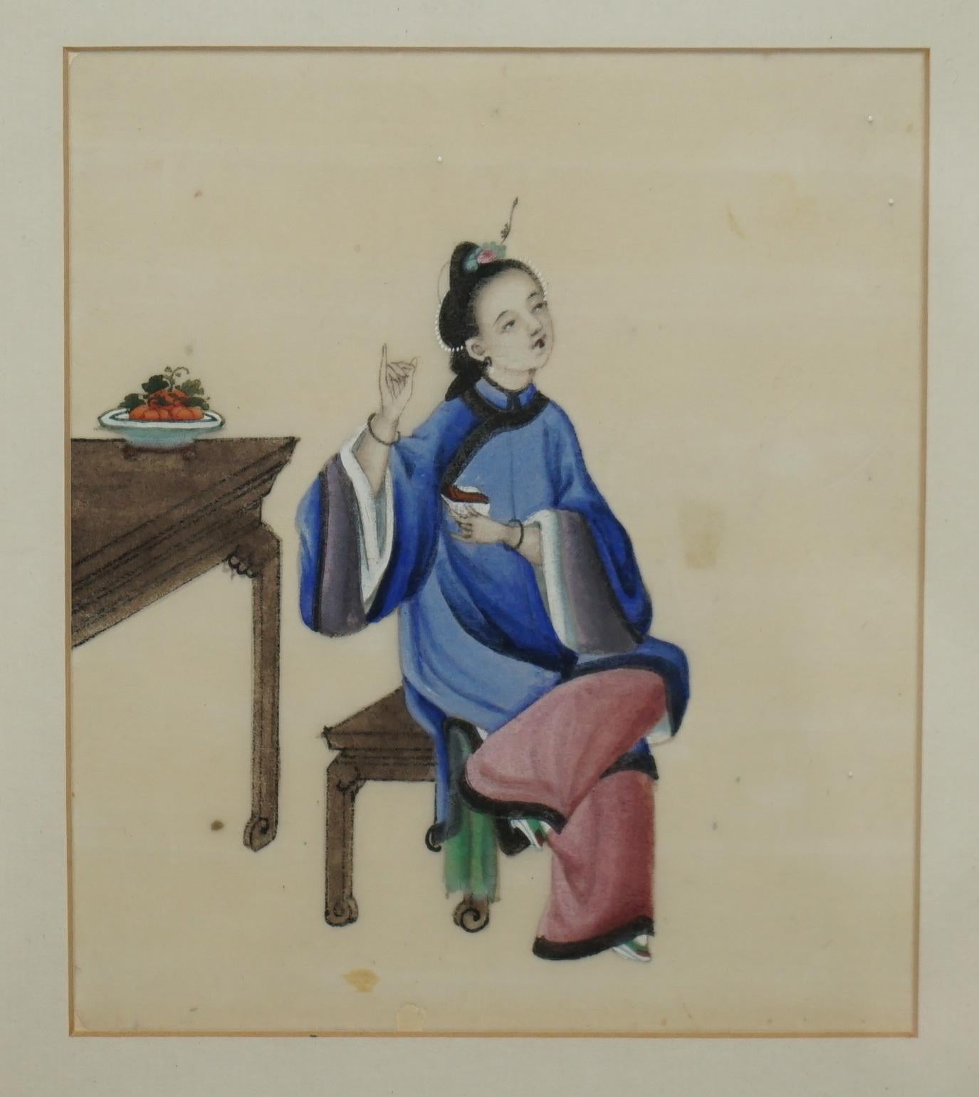 Four Antique 19th Century circa 1880 Chinese Gouaches on Rice Paper Geisha Girls For Sale 7