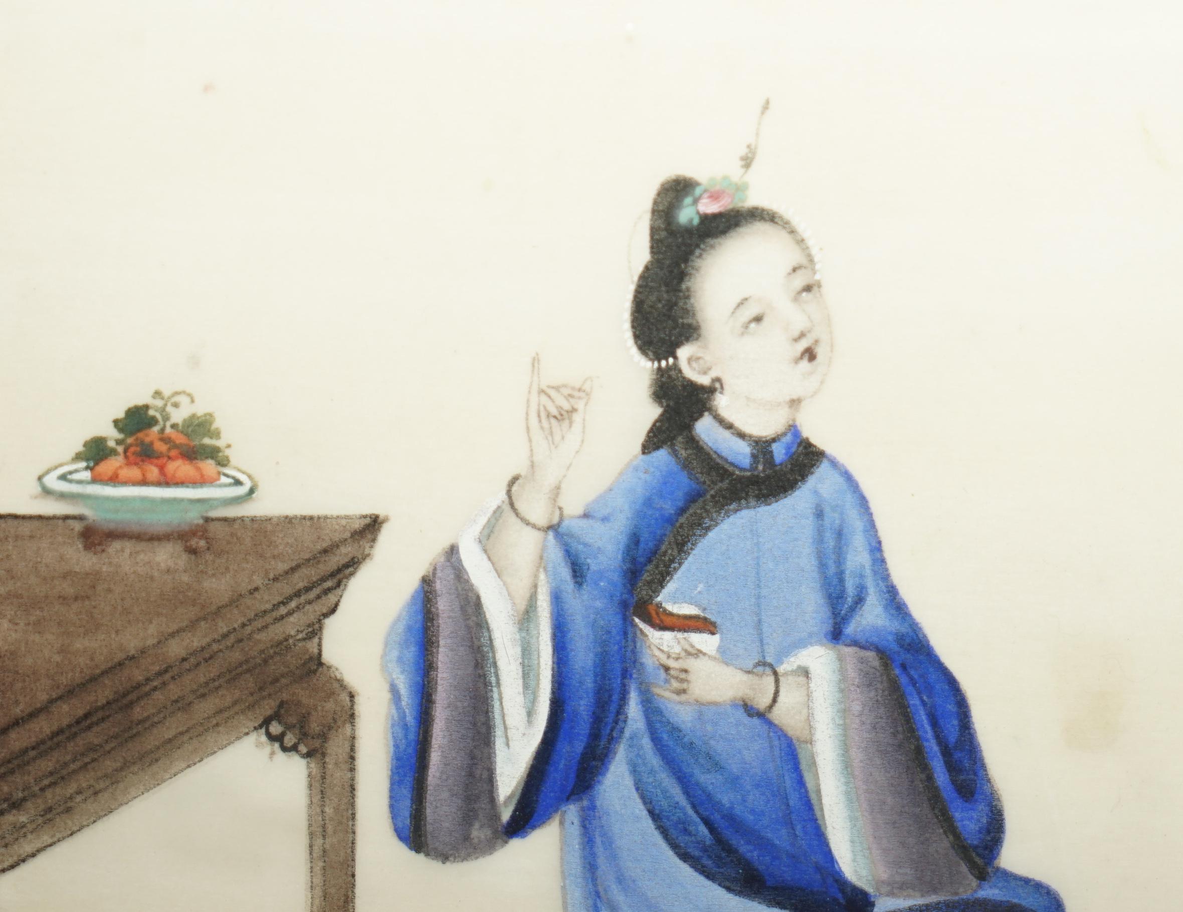 Four Antique 19th Century circa 1880 Chinese Gouaches on Rice Paper Geisha Girls For Sale 8