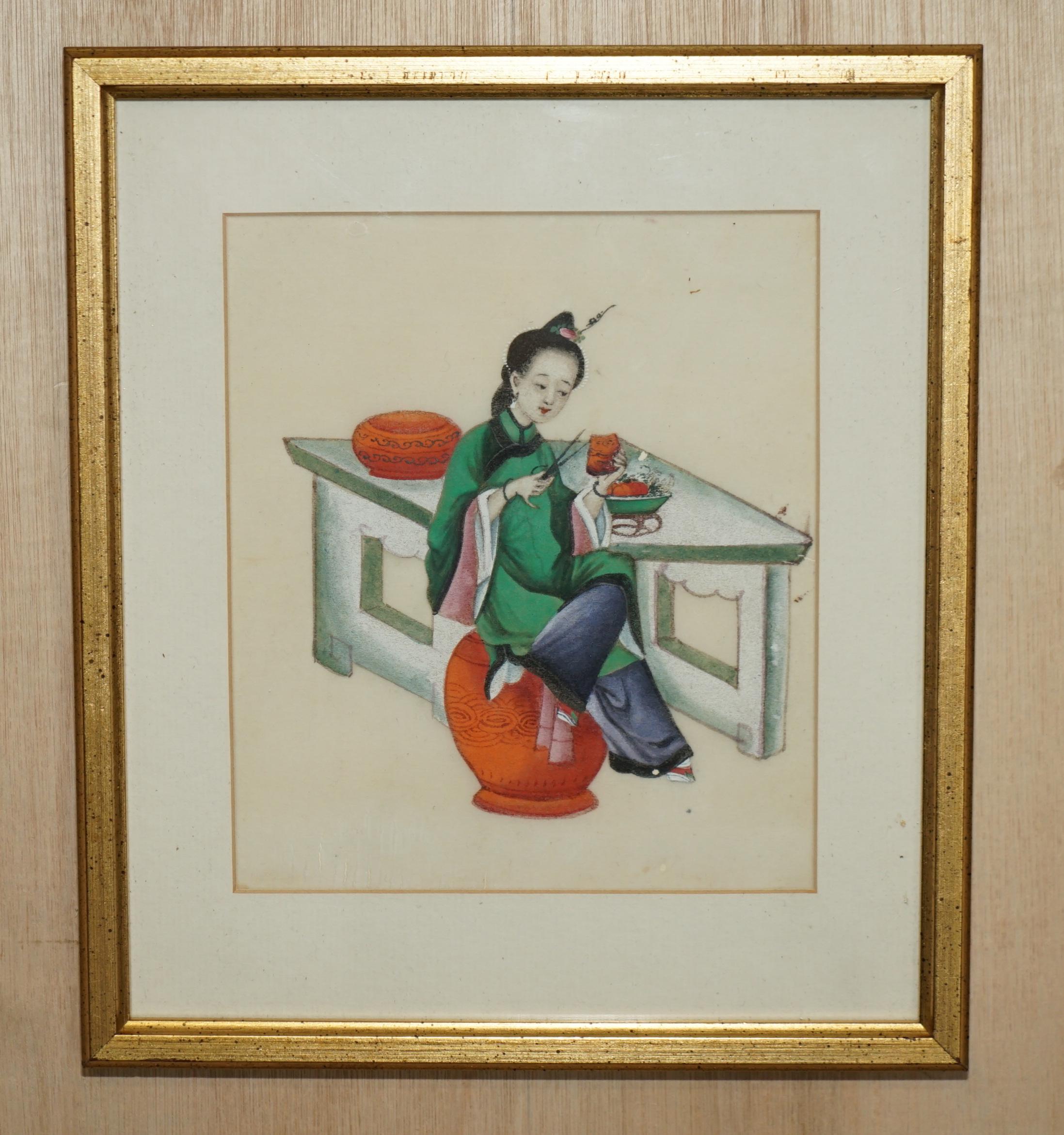 Four Antique 19th Century circa 1880 Chinese Gouaches on Rice Paper Geisha Girls For Sale 10