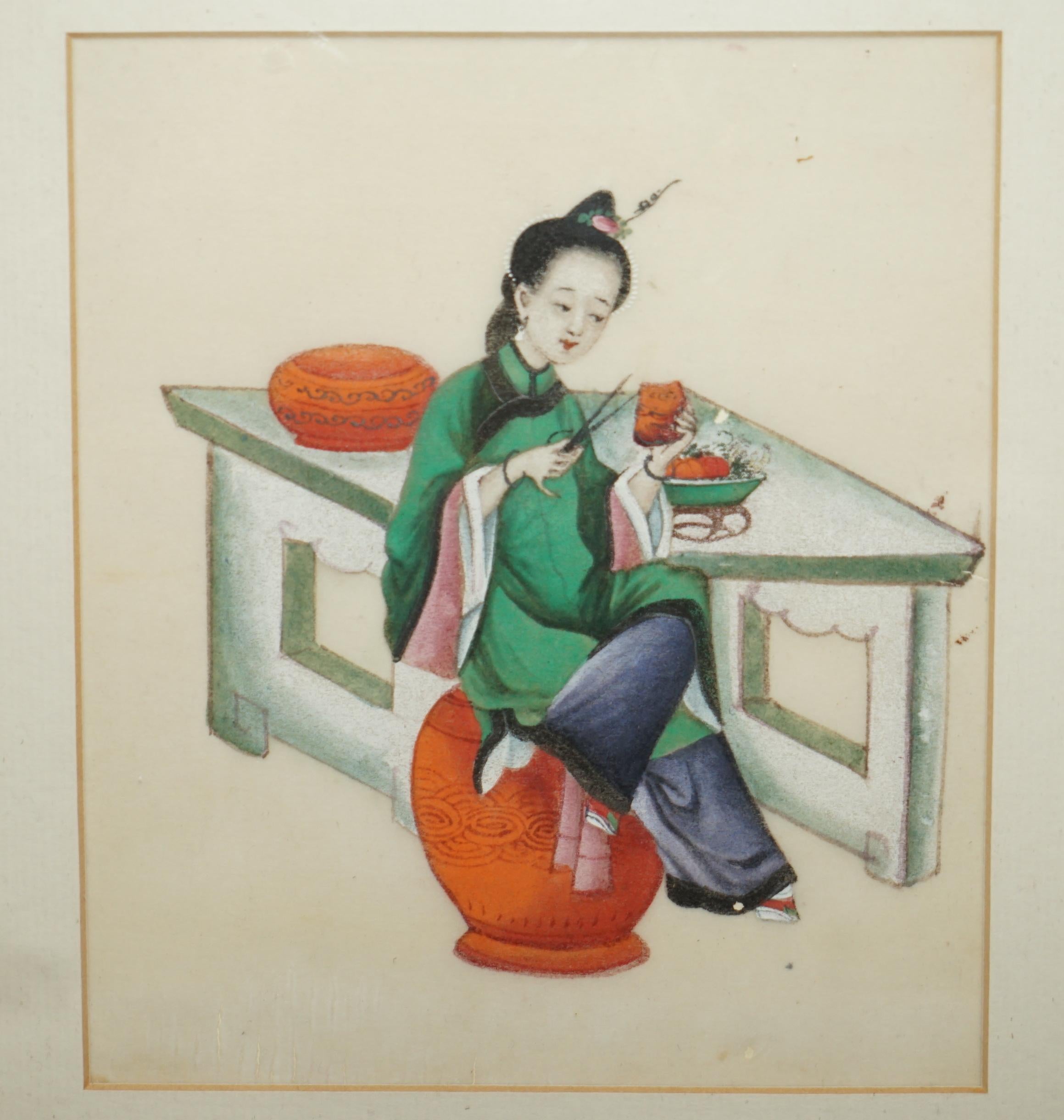 Four Antique 19th Century circa 1880 Chinese Gouaches on Rice Paper Geisha Girls For Sale 11