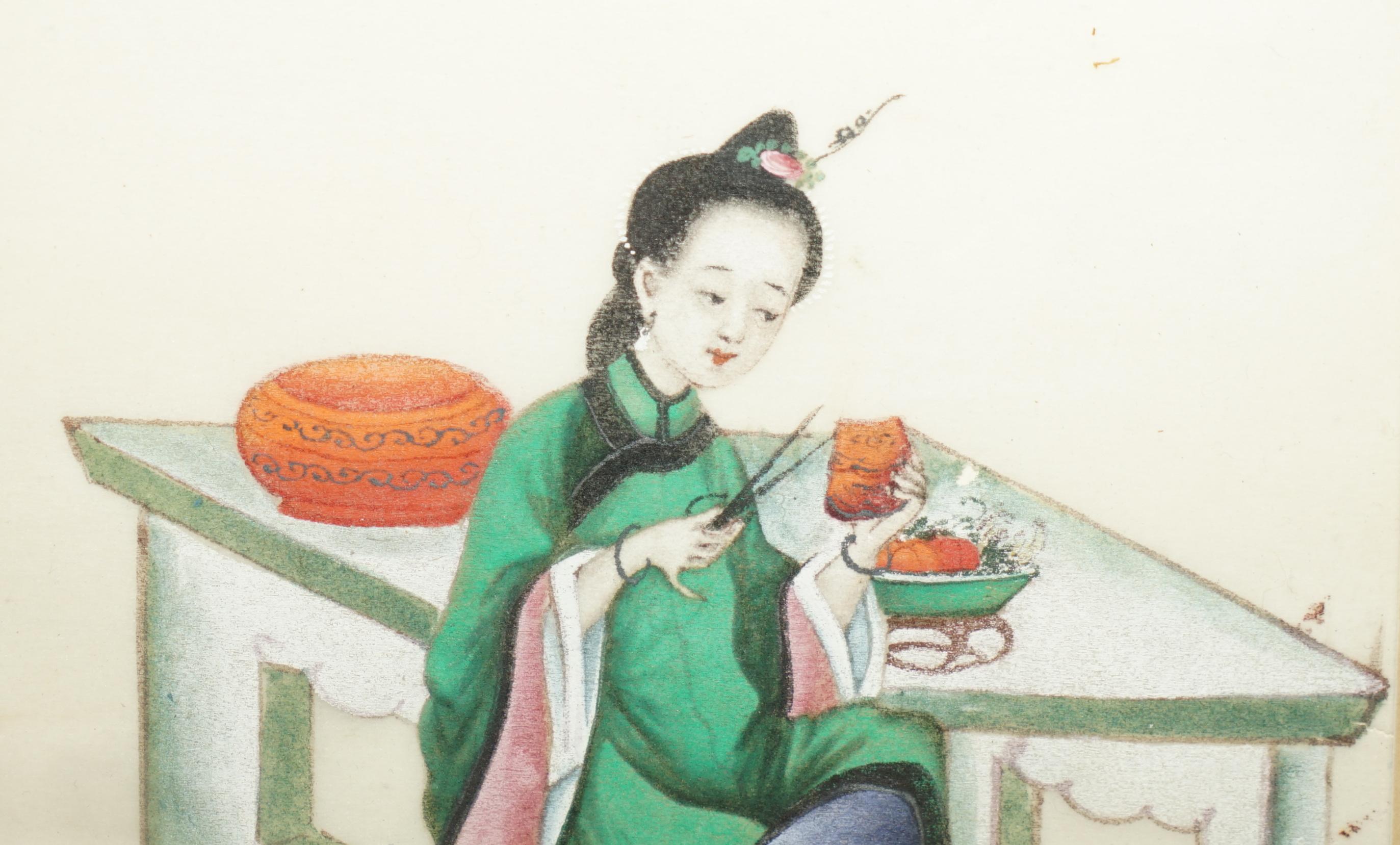 Quatre gouaches chinoises anciennes du 19e siècle circa 1880 sur papier de riz Filles de geisha en vente 12