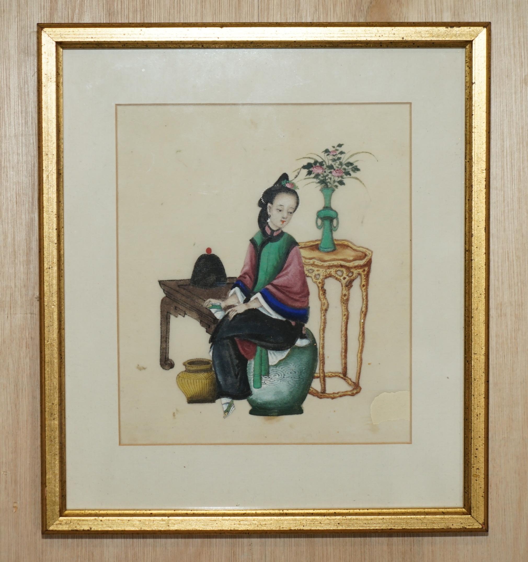Exportation chinoise Quatre gouaches chinoises anciennes du 19e siècle circa 1880 sur papier de riz Filles de geisha en vente