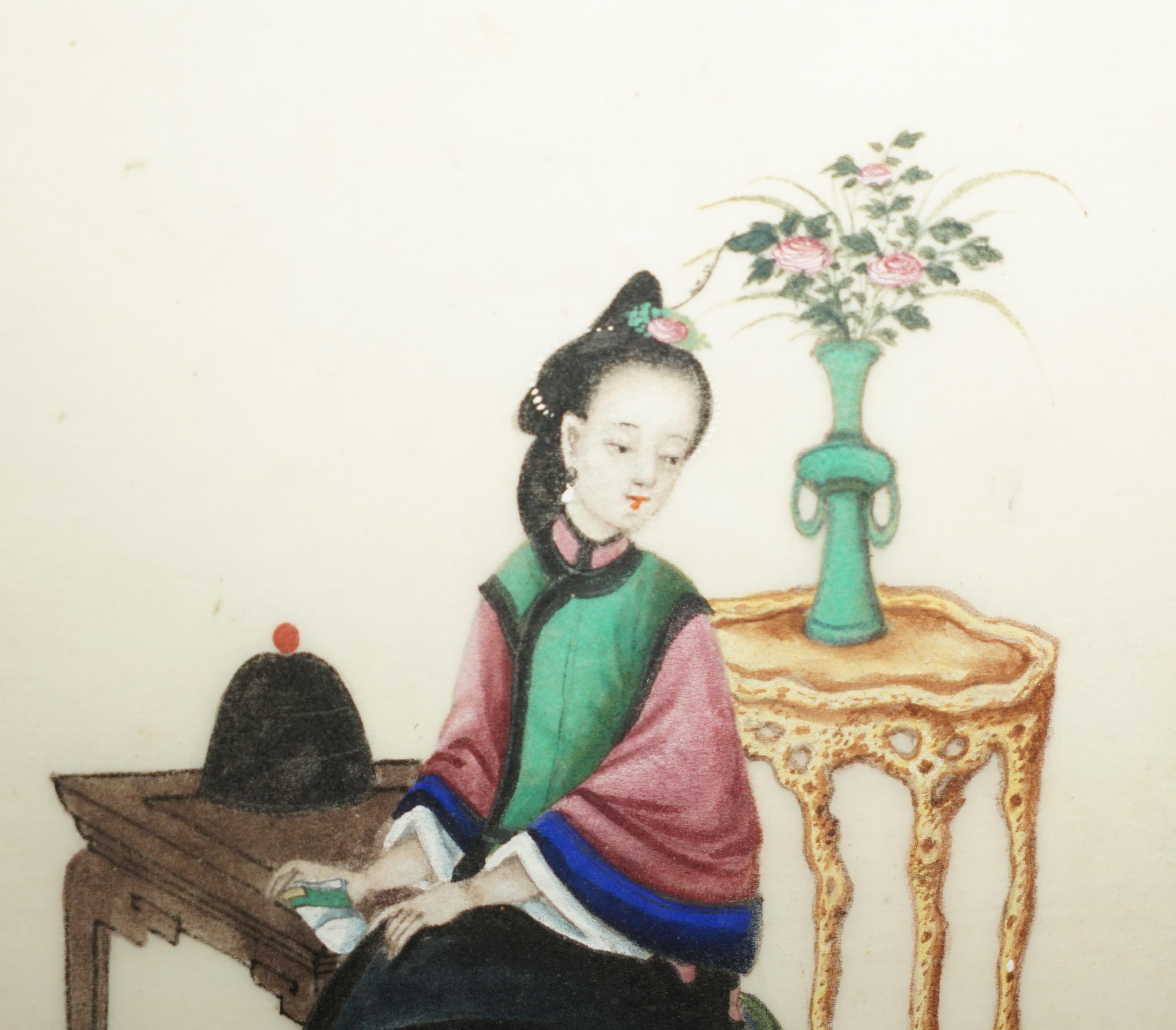 Papier Quatre gouaches chinoises anciennes du 19e siècle circa 1880 sur papier de riz Filles de geisha en vente