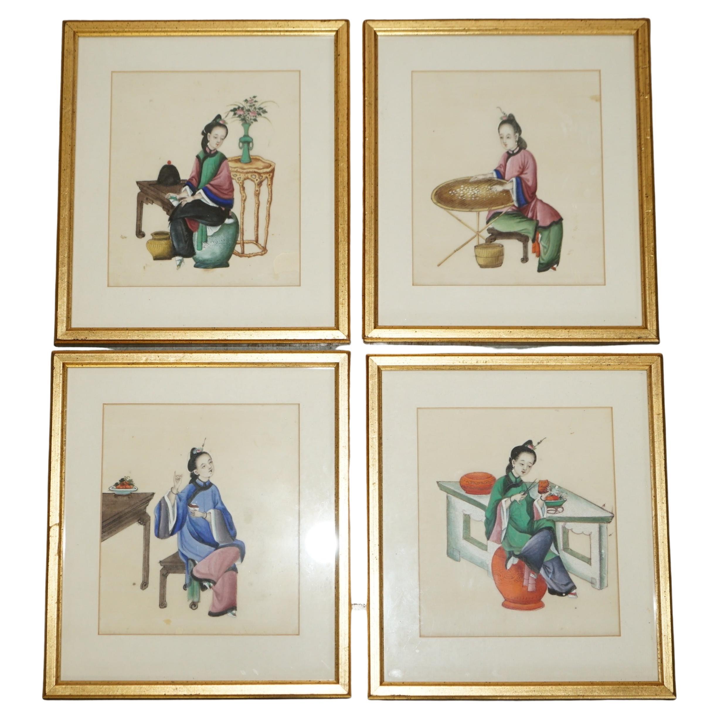 Four Antique 19th Century circa 1880 Chinese Gouaches on Rice Paper Geisha Girls For Sale