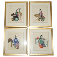 Four Antique 19th Century circa 1880 Chinese Gouaches on Rice Paper Geisha Girls