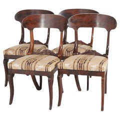 Four Antique American Empire Classical Flame Mahogany Upholstered Dining Chairs