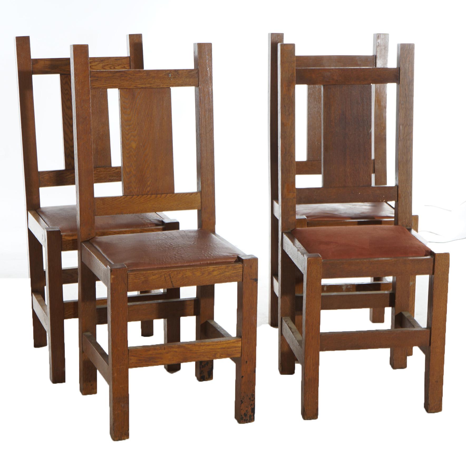 American Four Antique Arts & Crafts Roycroft School Mission Oak Dining Chairs Circa 1910