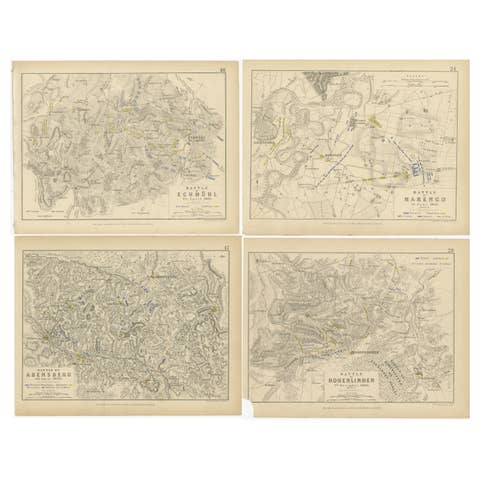 Four Antique Battle Plans of Echmühl, Hohenlinden, Abensberg and Marengo, 1852
