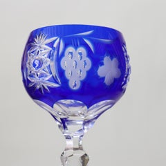 Four Antique Bohemian Cobalt Blue Floral & Grape Cut To Clear Crystal Goblets