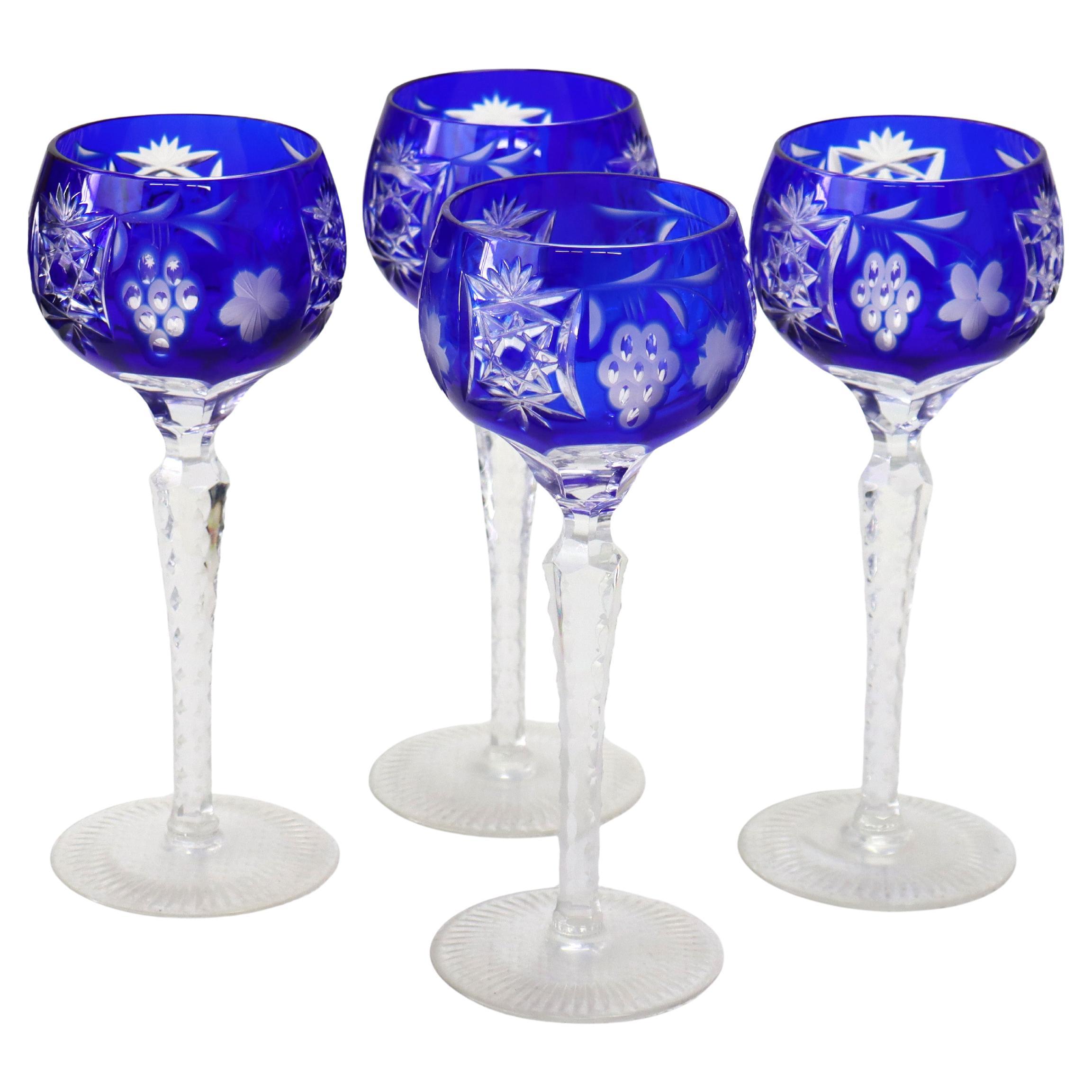 Four Antique Bohemian Cobalt Blue Floral & Grape Cut To Clear Crystal Goblets