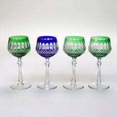 Four Antique Bohemian Cut To Clear Crystal Wine Stem Glasses: Emerald & Cobalt