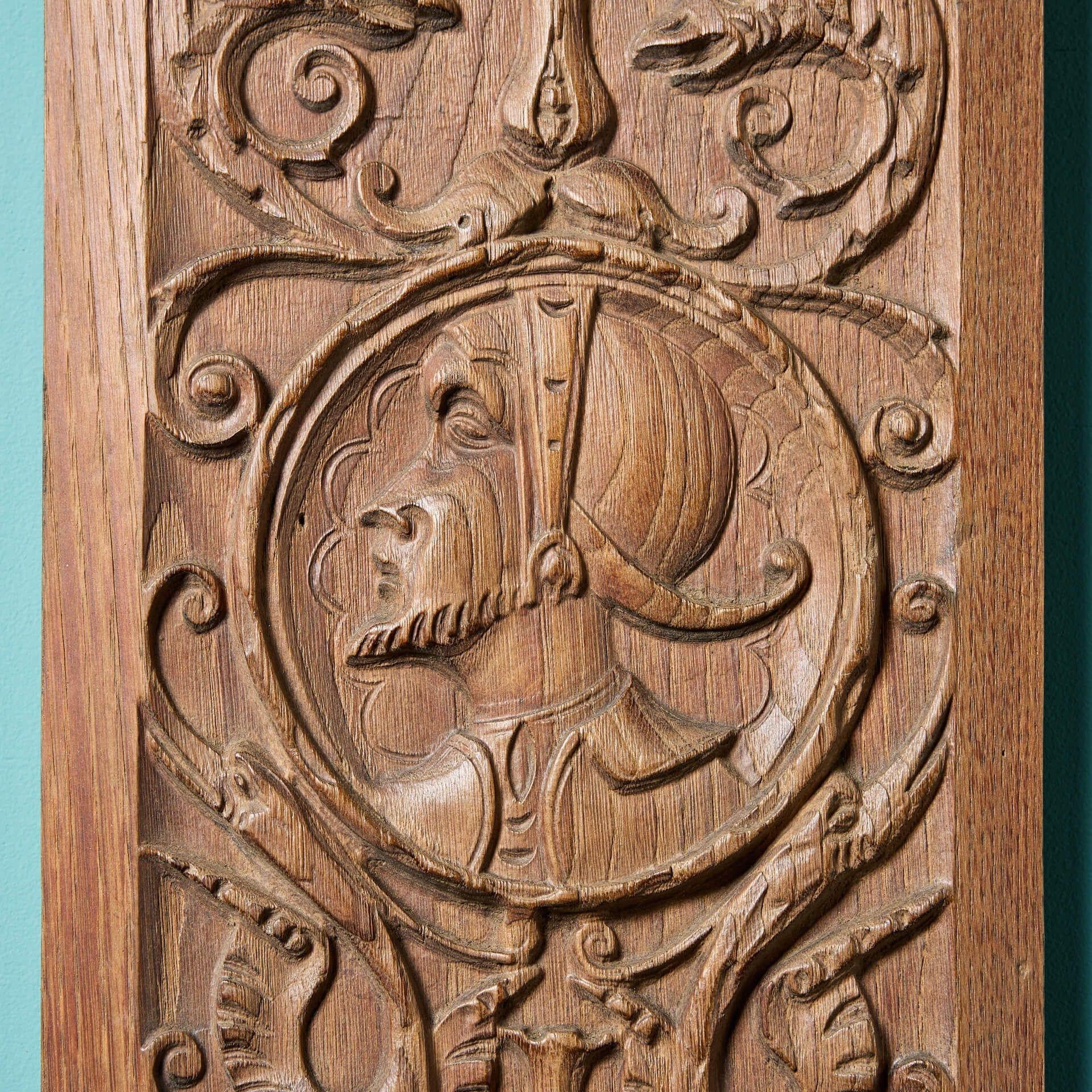 Jacobean Two Antique Carved Oak Panels with Mythical Creatures & Gentlemen in Costume For Sale
