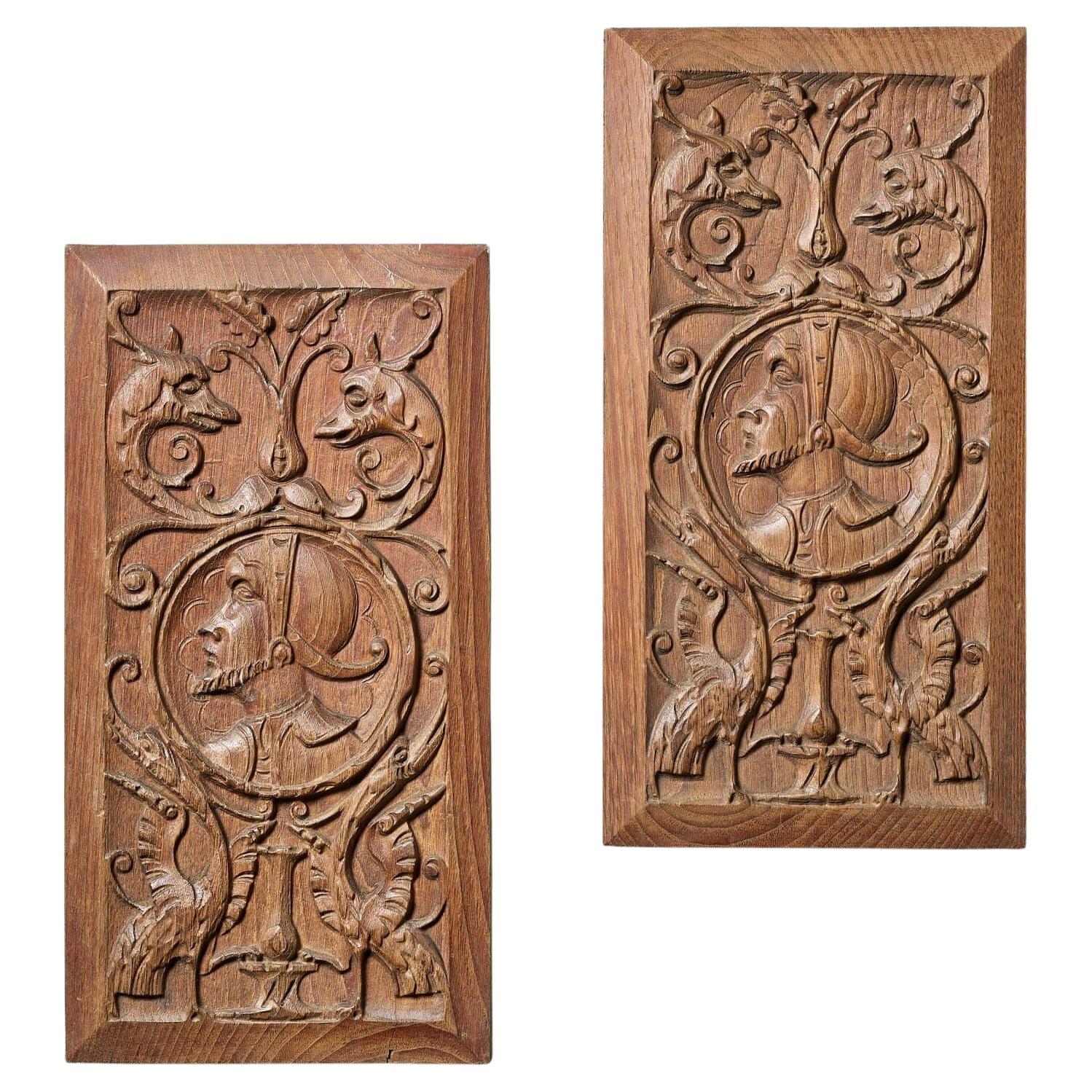 Two Antique Carved Oak Panels with Mythical Creatures & Gentlemen in Costume