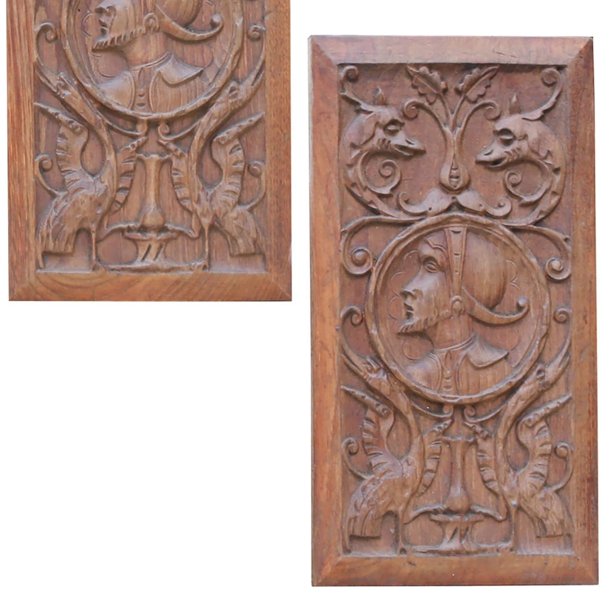 Jacobean Four Antique Carved Oak Panels Depicting Figures in Period Costume