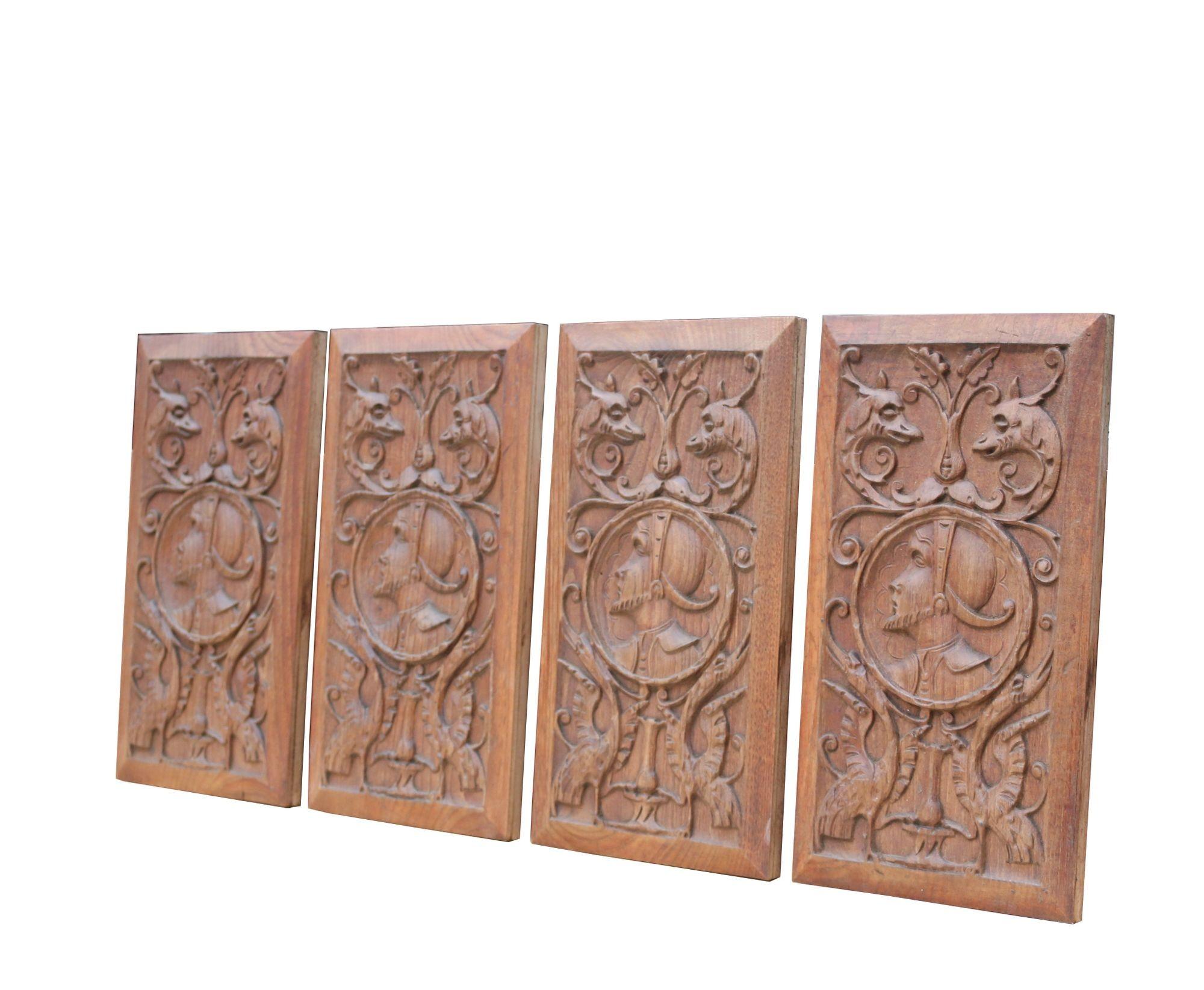 Hand-Carved Four Antique Carved Oak Panels Depicting Figures in Period Costume