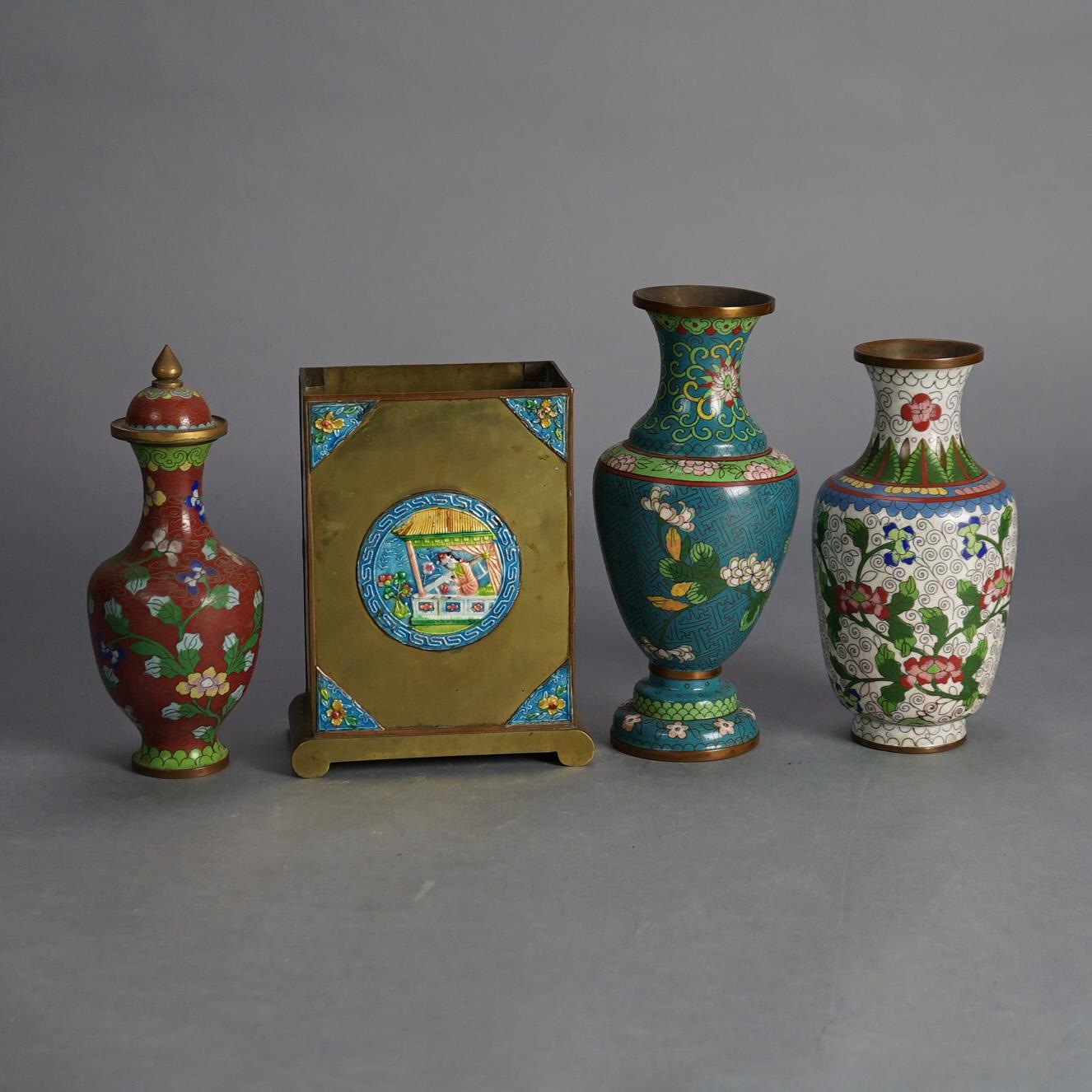 Antike chinesische Cloisonné-Vasen, emailliert, um 1920 im Angebot 2