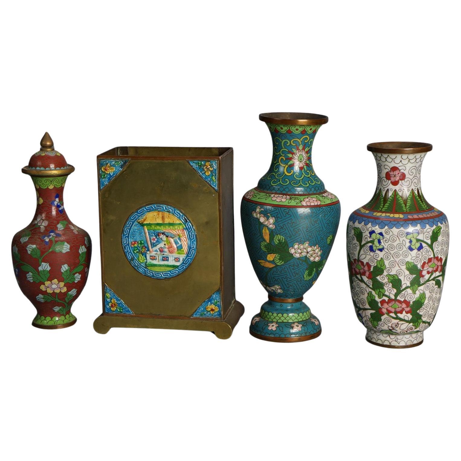 Four Antique Chinese Cloisonne Enameled Vases C1920 For Sale