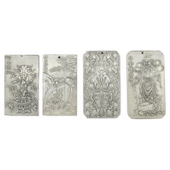 Four Antique Chinese Engraved White Metal Scroll/Book Weights c1900