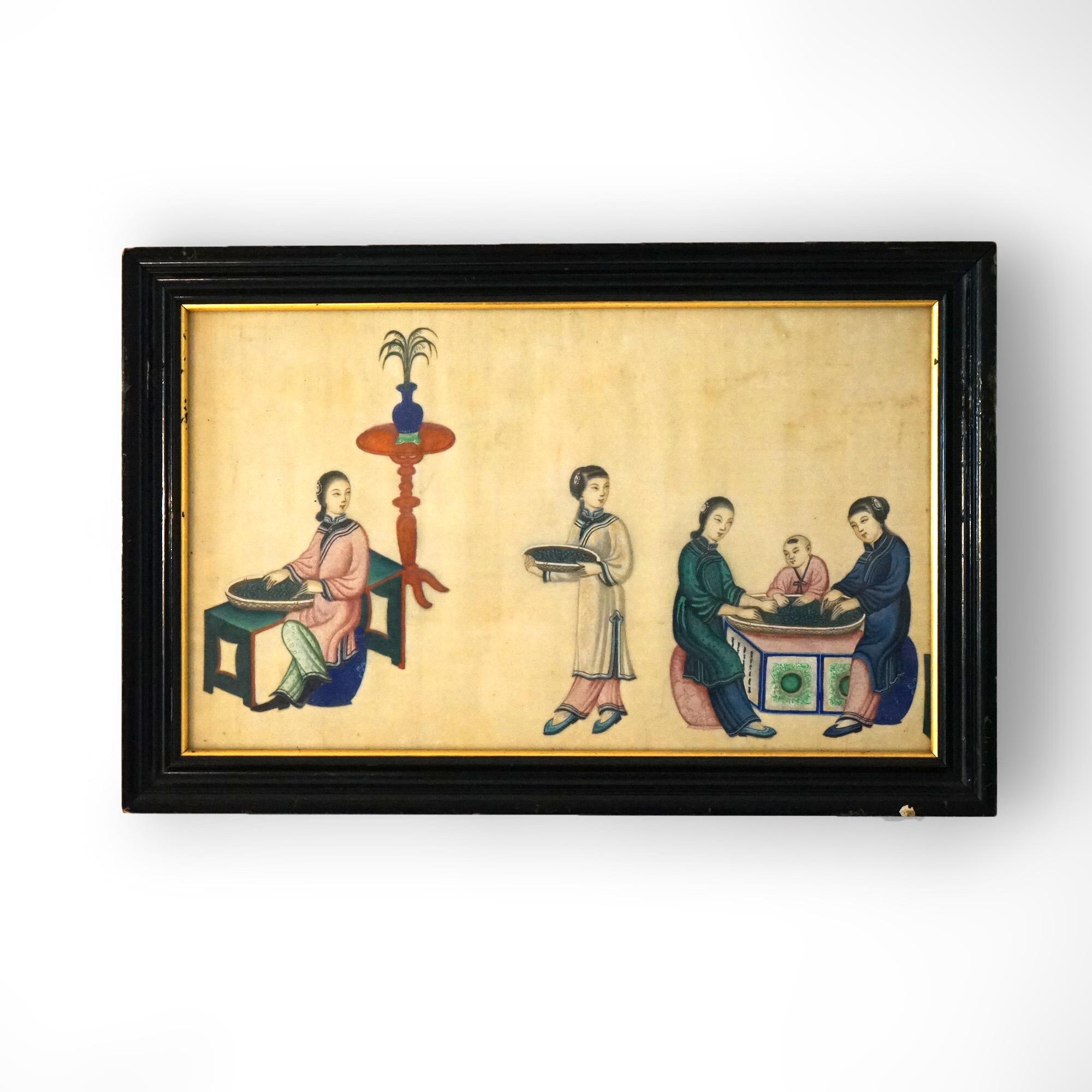 Four Antique Chinese Watercolor Paintings on Silk, Genre Scenes, Framed, c1920 For Sale 4