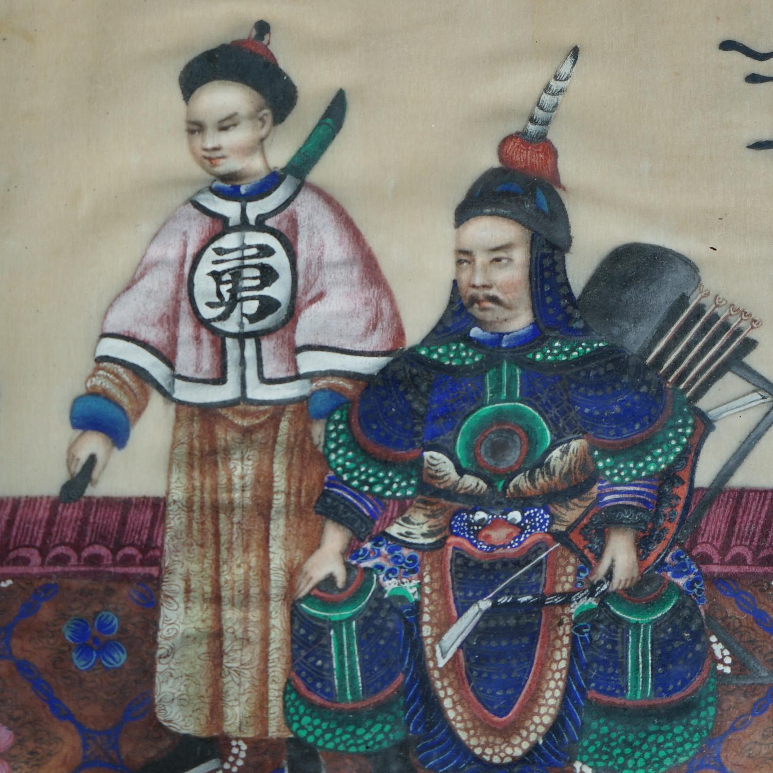 Antike chinesische Aquarellgemälde auf Seide, Genreszenen, gerahmt, um 1920 (Asiatisch) im Angebot