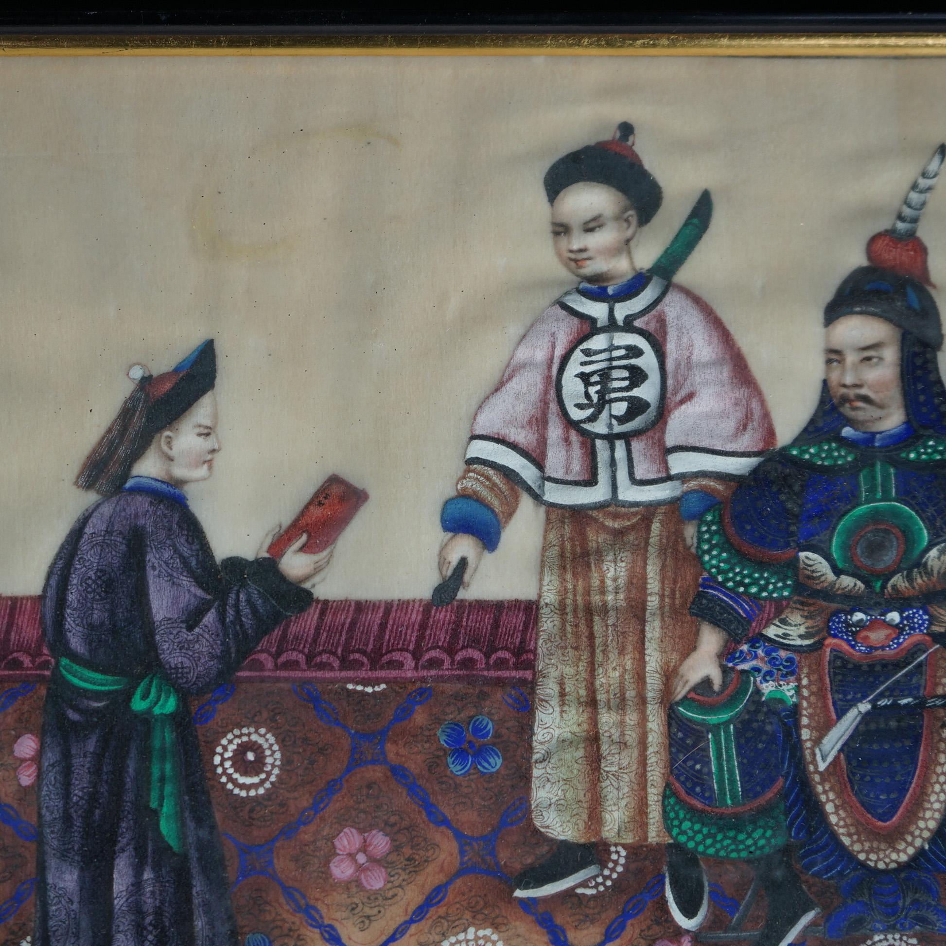 Asian Four Antique Chinese Watercolor Paintings on Silk, Genre Scenes, Framed, c1920 For Sale