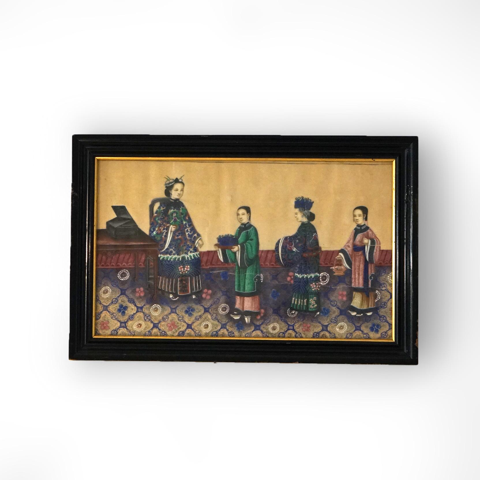 Four Antique Chinese Watercolor Paintings on Silk, Genre Scenes, Framed, c1920 In Good Condition In Big Flats, NY