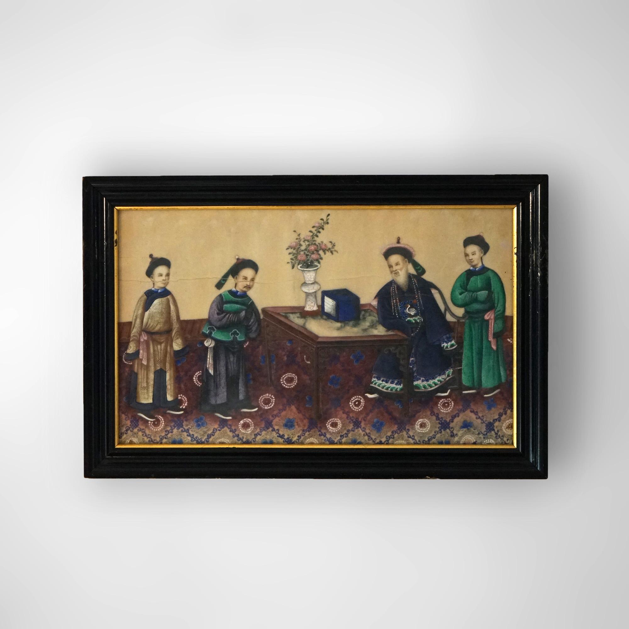 Four Antique Chinese Watercolor Paintings on Silk, Genre Scenes, Framed, c1920 For Sale 1