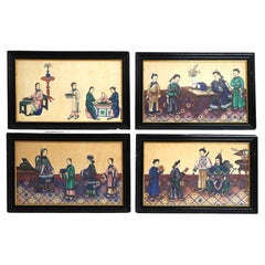 Four Antique Chinese Watercolor Paintings on Silk, Genre Scenes, Framed, c1920