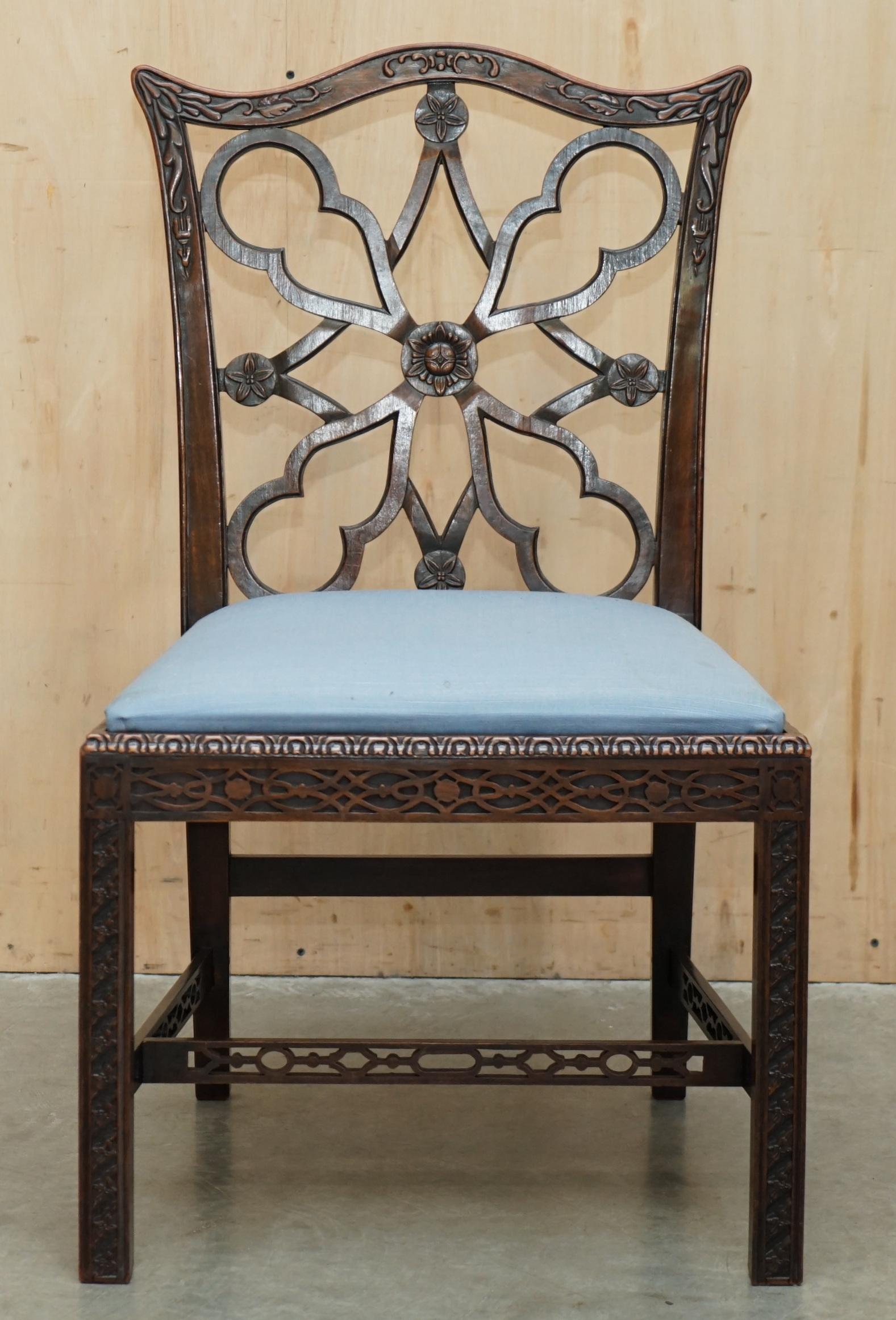 Victorian FOUR ANTIQUE COLONIAL THOMAS CHIPPENDALE HARDWOOD FRET WORK CARVED DiNING CHAIRS For Sale