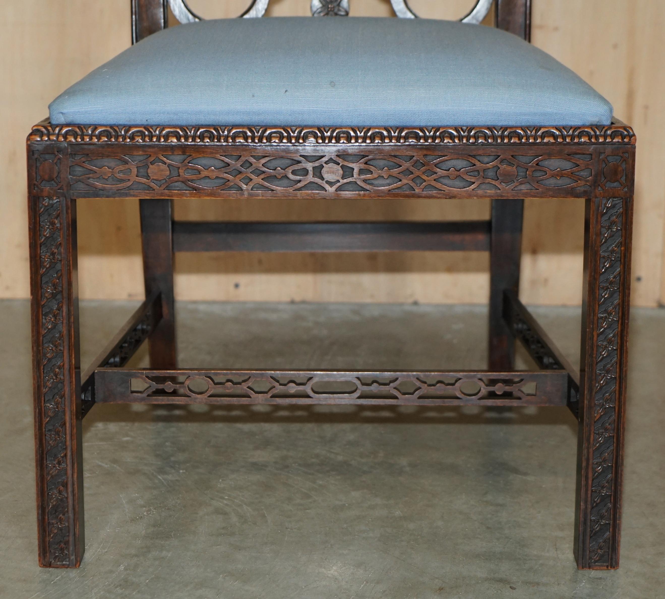 Late 19th Century FOUR ANTIQUE COLONIAL THOMAS CHIPPENDALE HARDWOOD FRET WORK CARVED DiNING CHAIRS For Sale