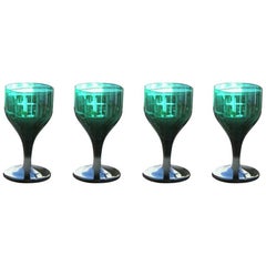 Four Antique English George III Late 18th Century Bristol Green Wine Glasses