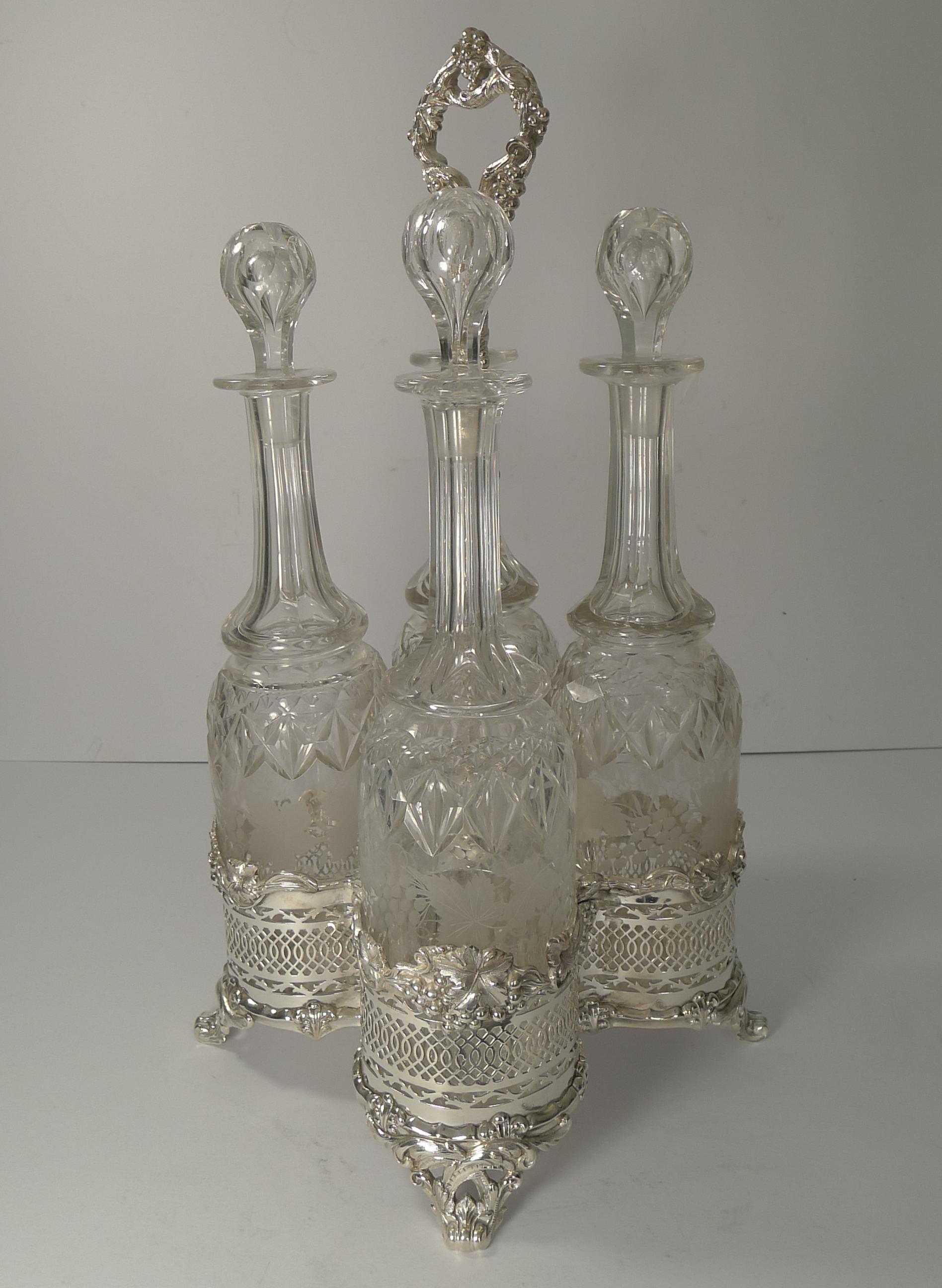 Four Antique English Wine Decanters in Stand, circa 1890 5