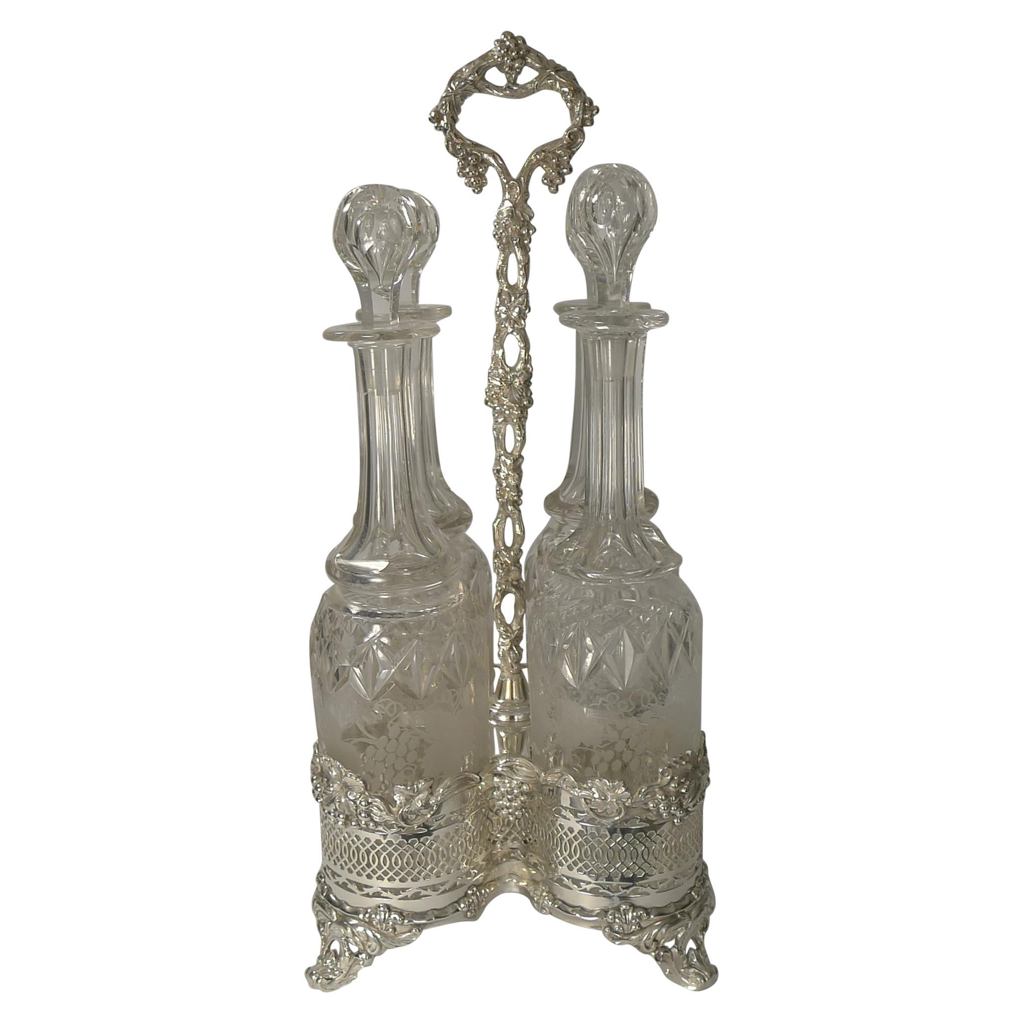 Four Antique English Wine Decanters in Stand, circa 1890