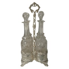 Four Antique English Wine Decanters in Stand, circa 1890