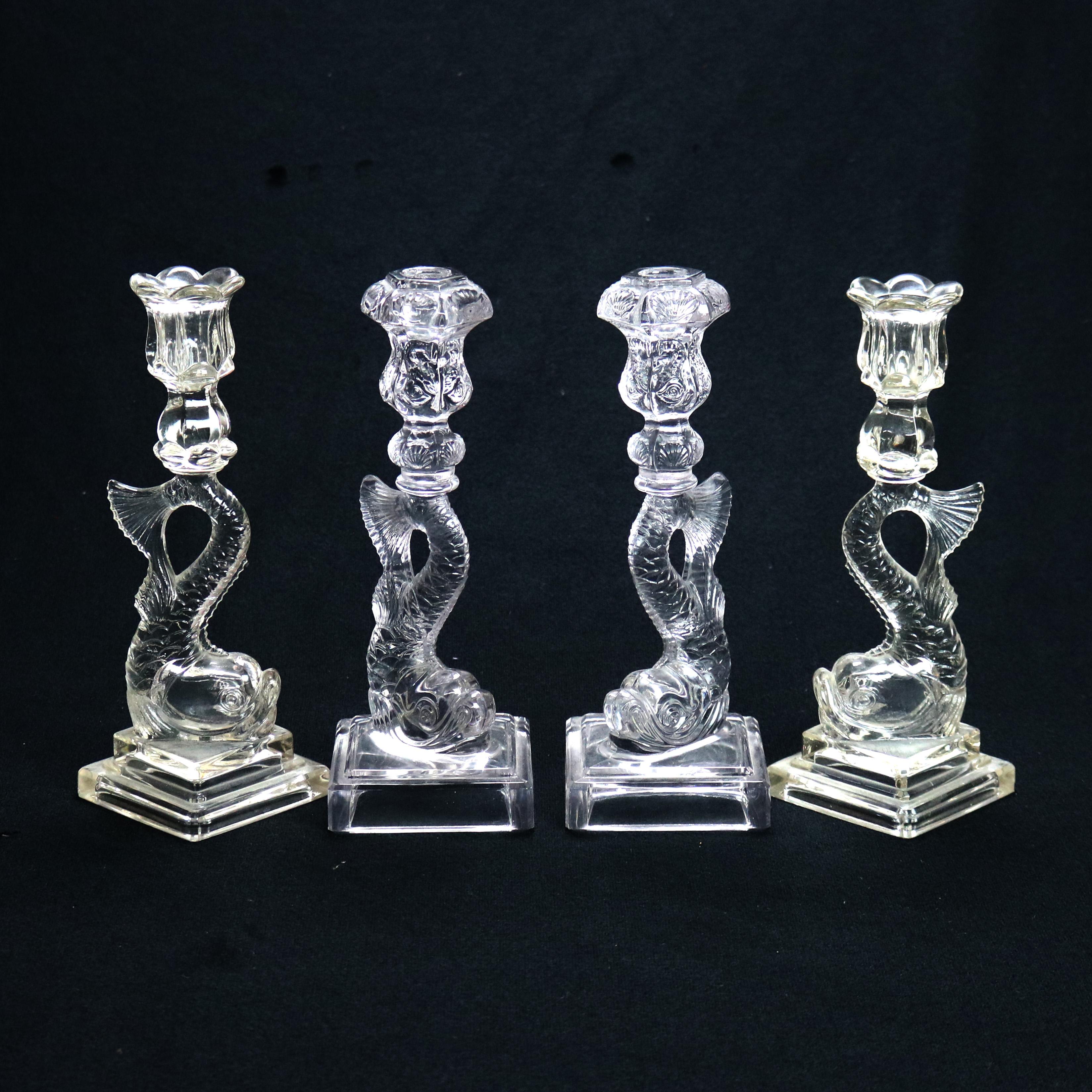 Four Antique Figural Dolphin Fish Sandwich Glass Candlesticks C1930

Measures - One set 4