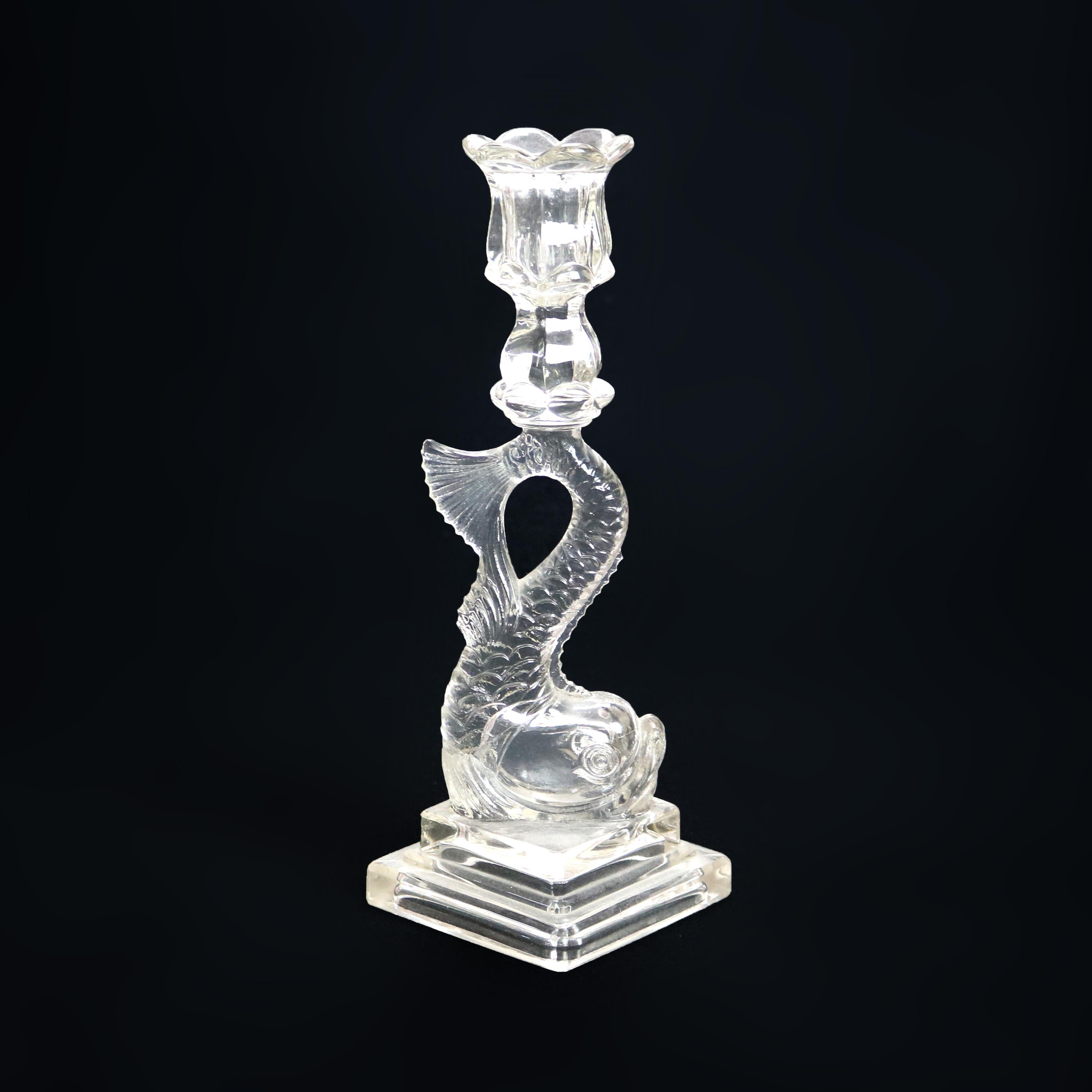 Four Antique Figural Dolphin Fish Sandwich Glass Candlesticks C1930 In Good Condition In Big Flats, NY